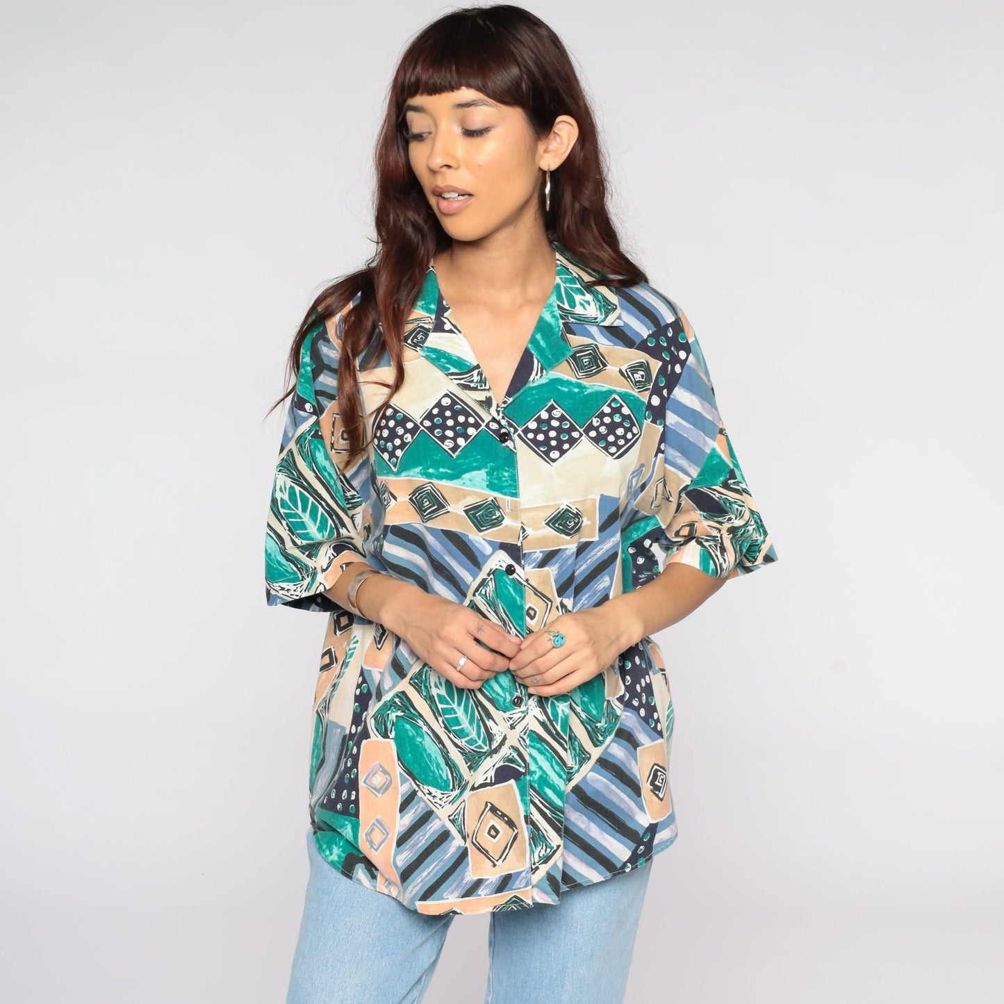 80s Geometric Tropical Button Up Blouse Plus Size Green Blue Short Sleeve Extra Extra Large XXL