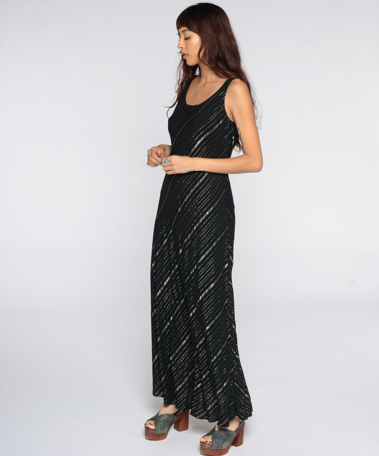 90s Black Maxi Dress Gold Metallic Stripe Sleeveless Column Medium