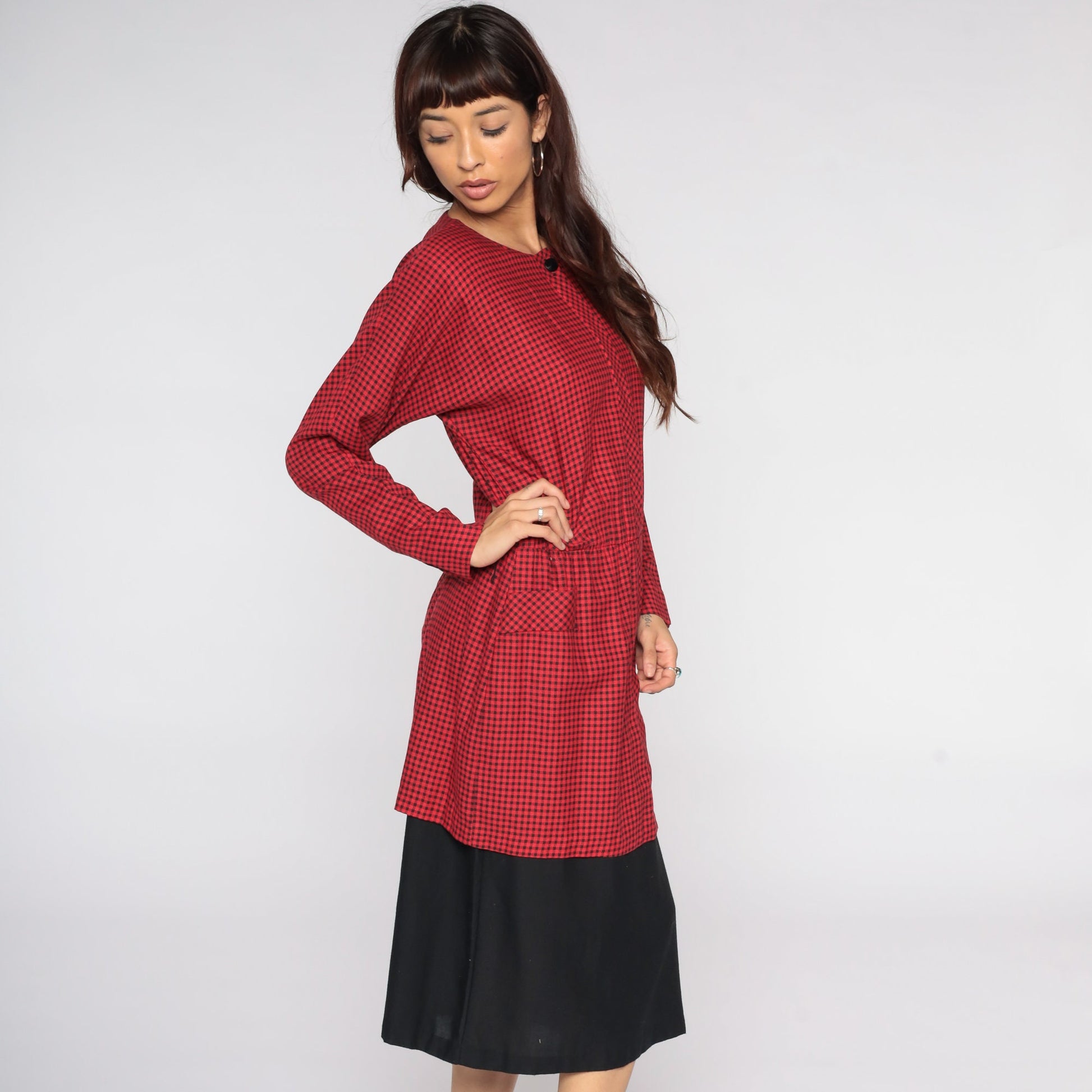 80s Red Gingham Midi Dress Long Sleeve Checkered Plaid Large