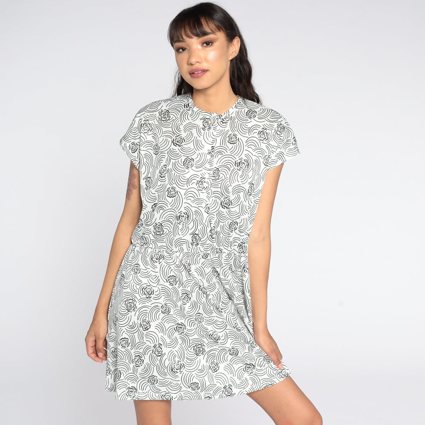 80s Floral Mini Dress Black White Cap Sleeve Button Front High Waisted Extra Large