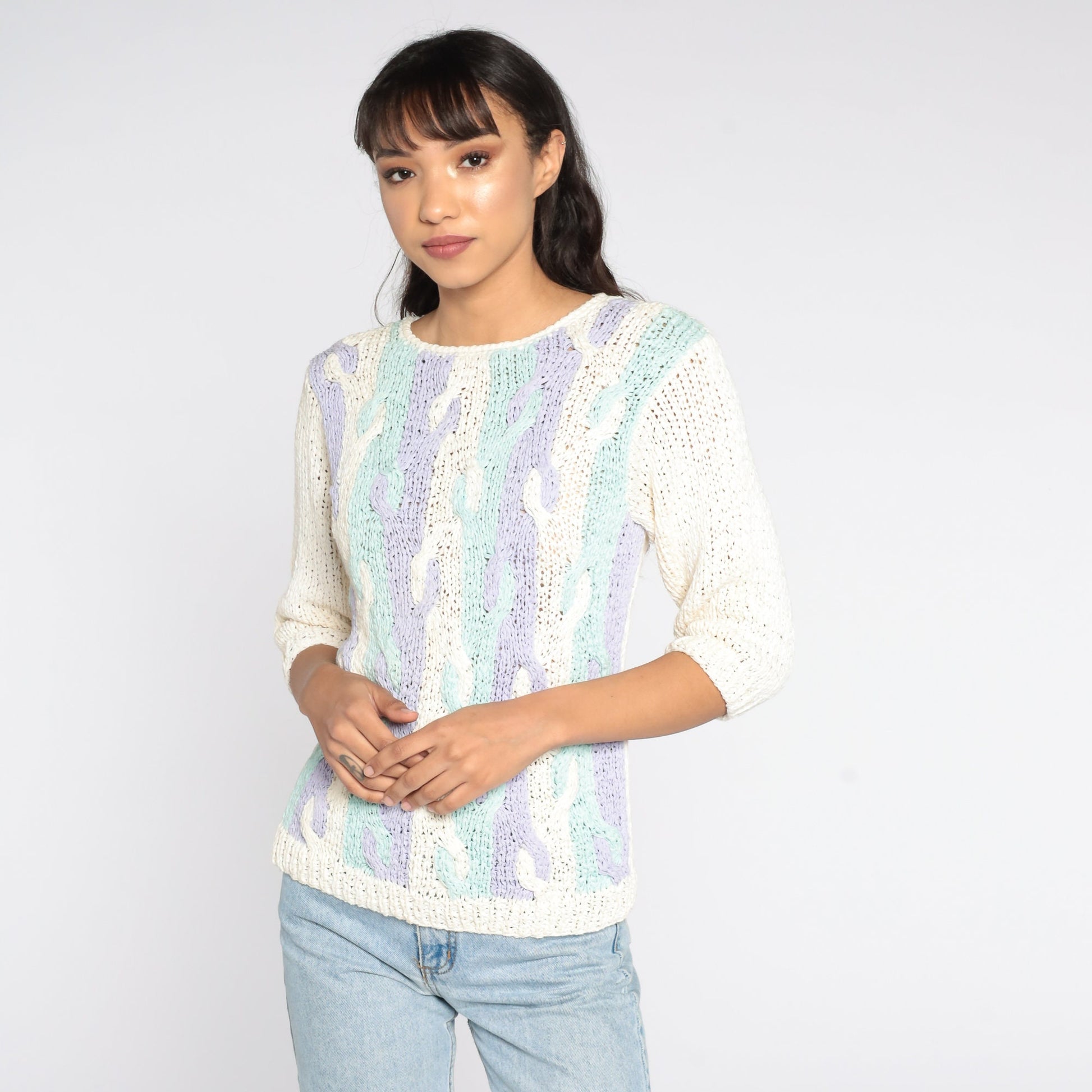 80s Pastel Abstract Cable Knit Sweater Blue Purple 3/4 Sleeve Medium