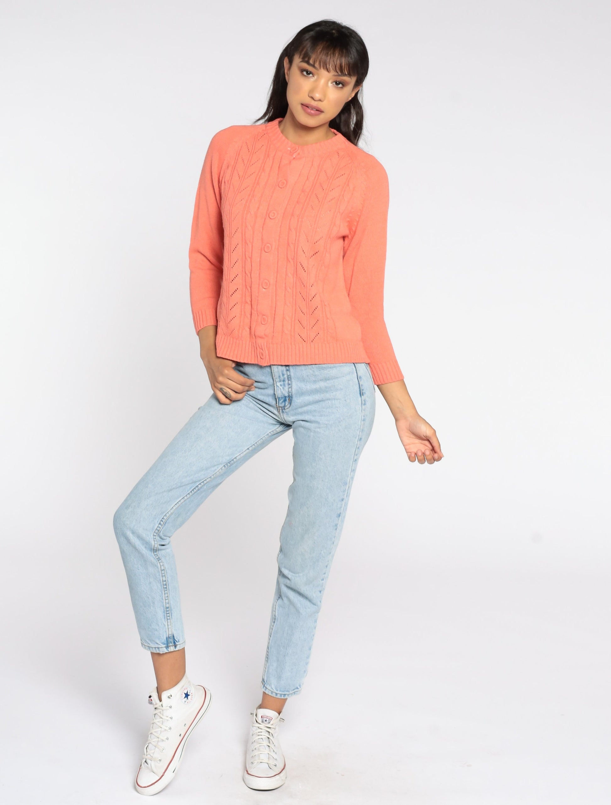 70s Salmon Pink Cable Knit Cardigan Button Up Sweater Small