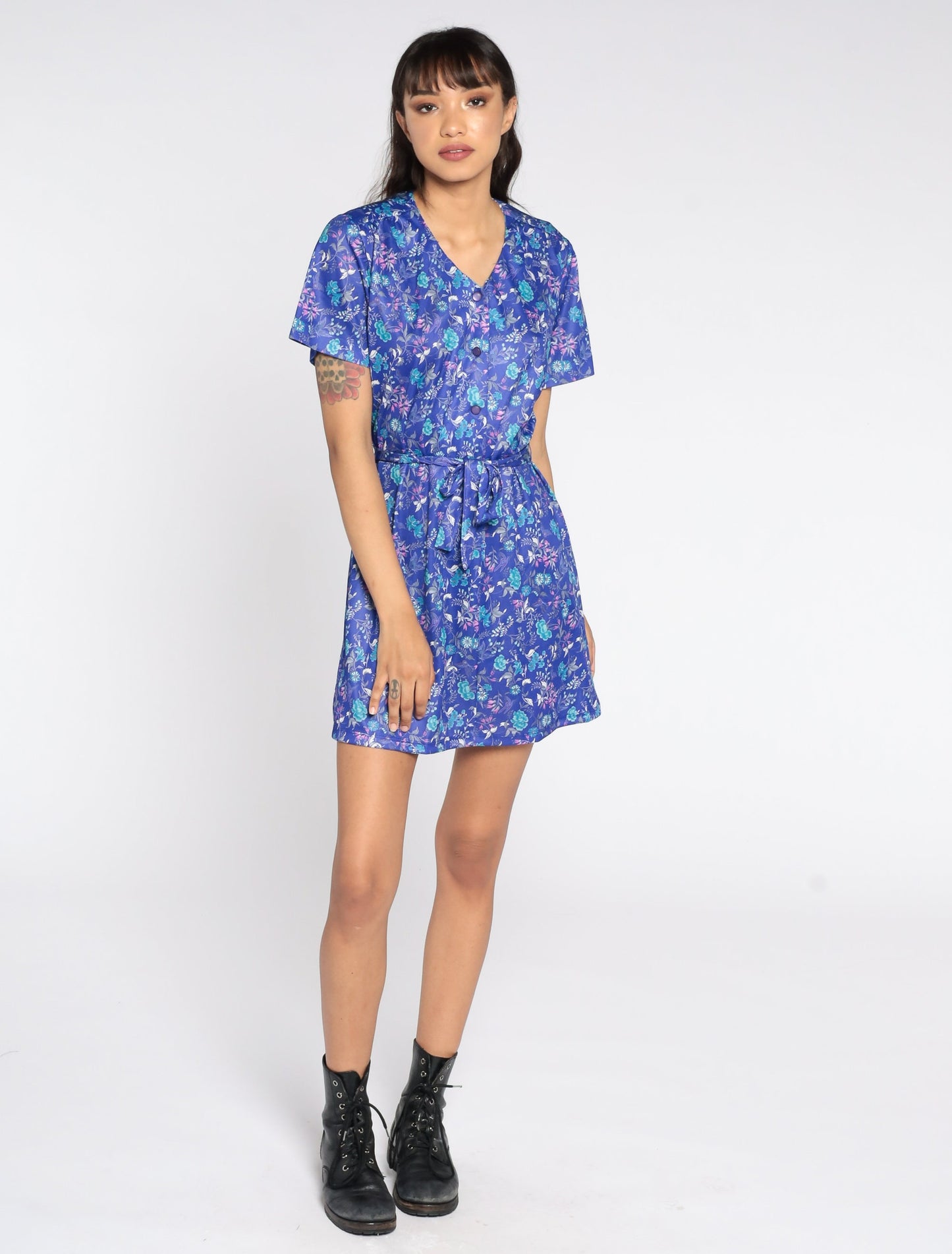 70s Purple Floral Mini Shift Dress Button-Up Short Sleeve Medium