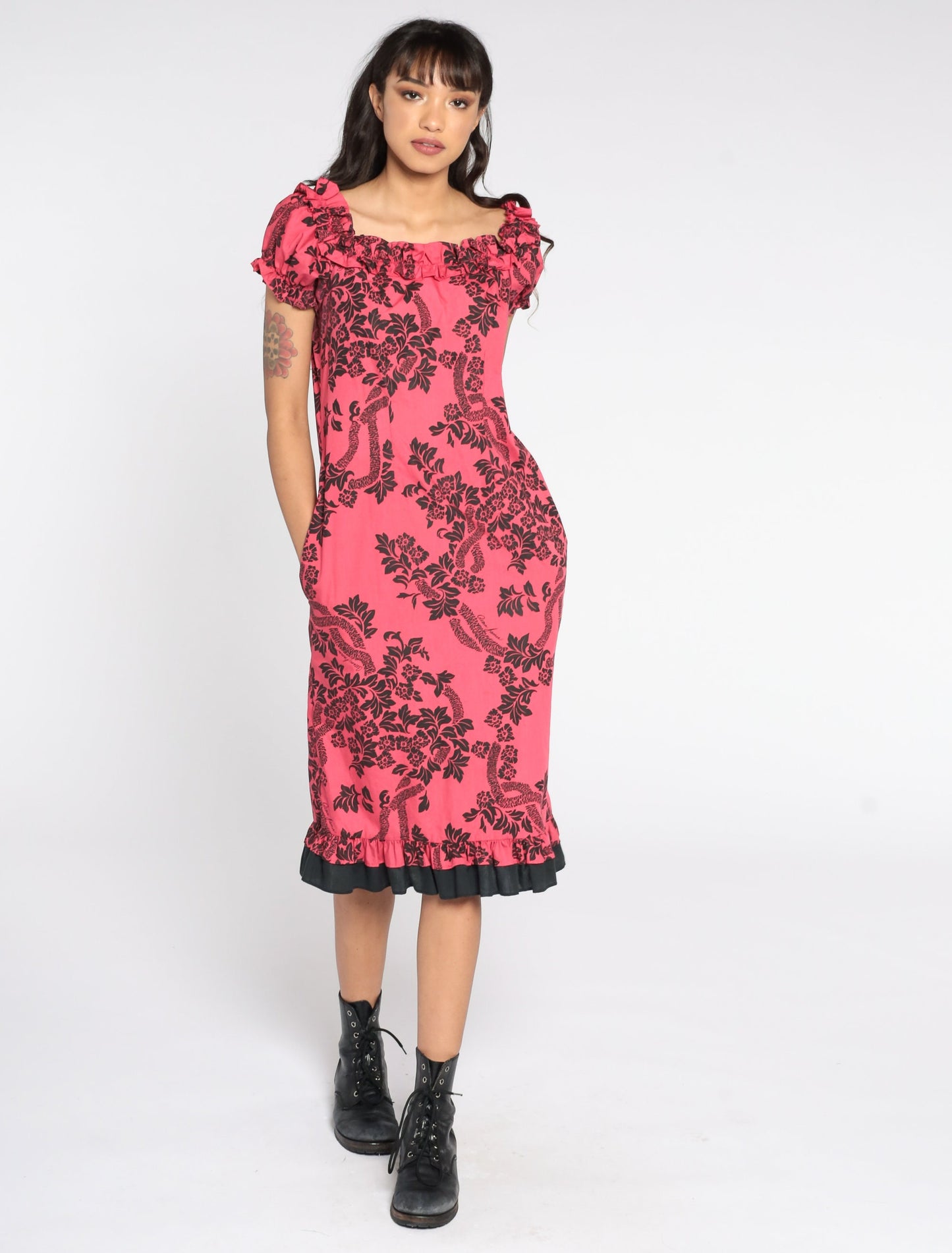 80s Pink Hawaiian Floral Midi Dress Puff Sleeve Shift Small S