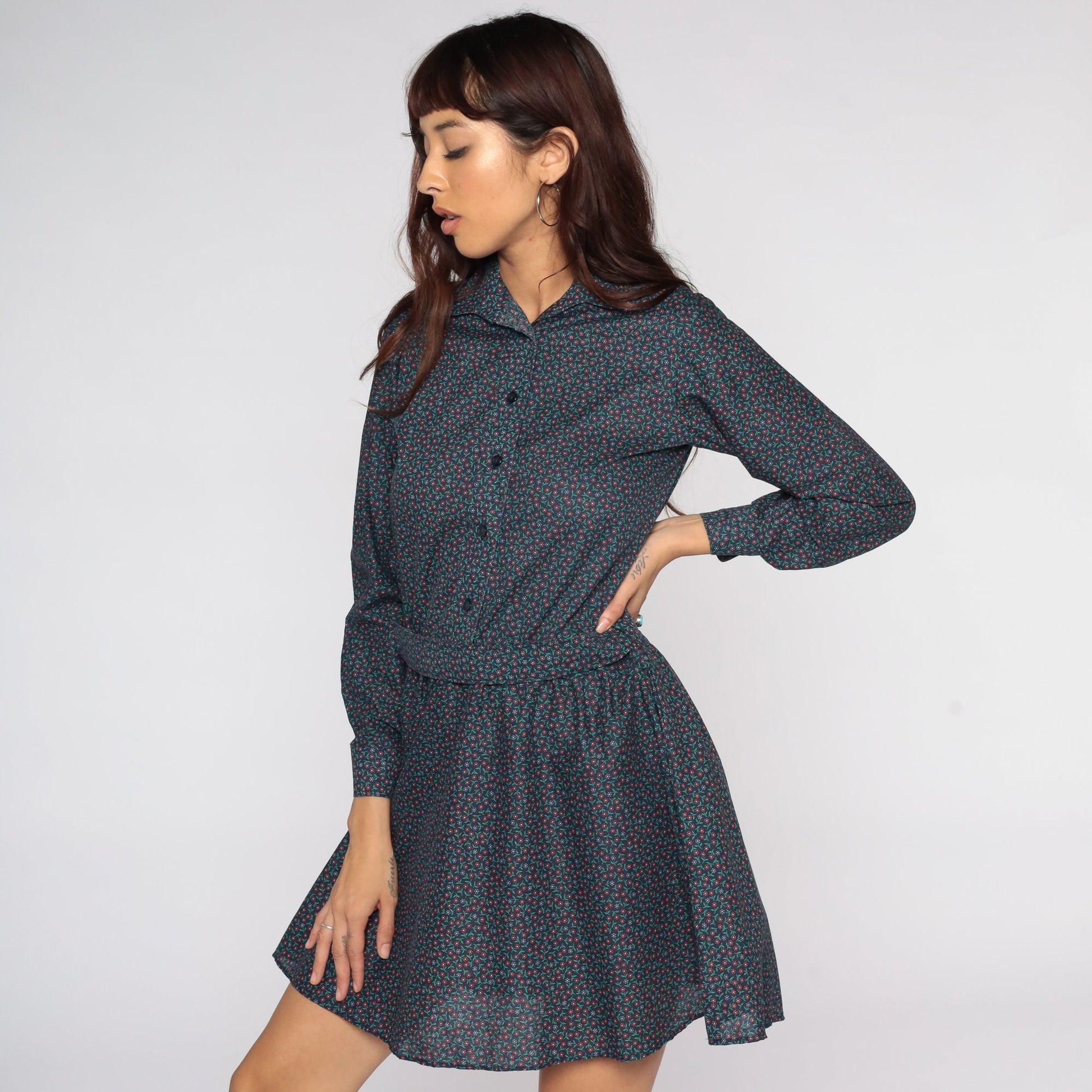 80s Blue Floral Mini Dress Long Sleeve Button Front Low Waist Small