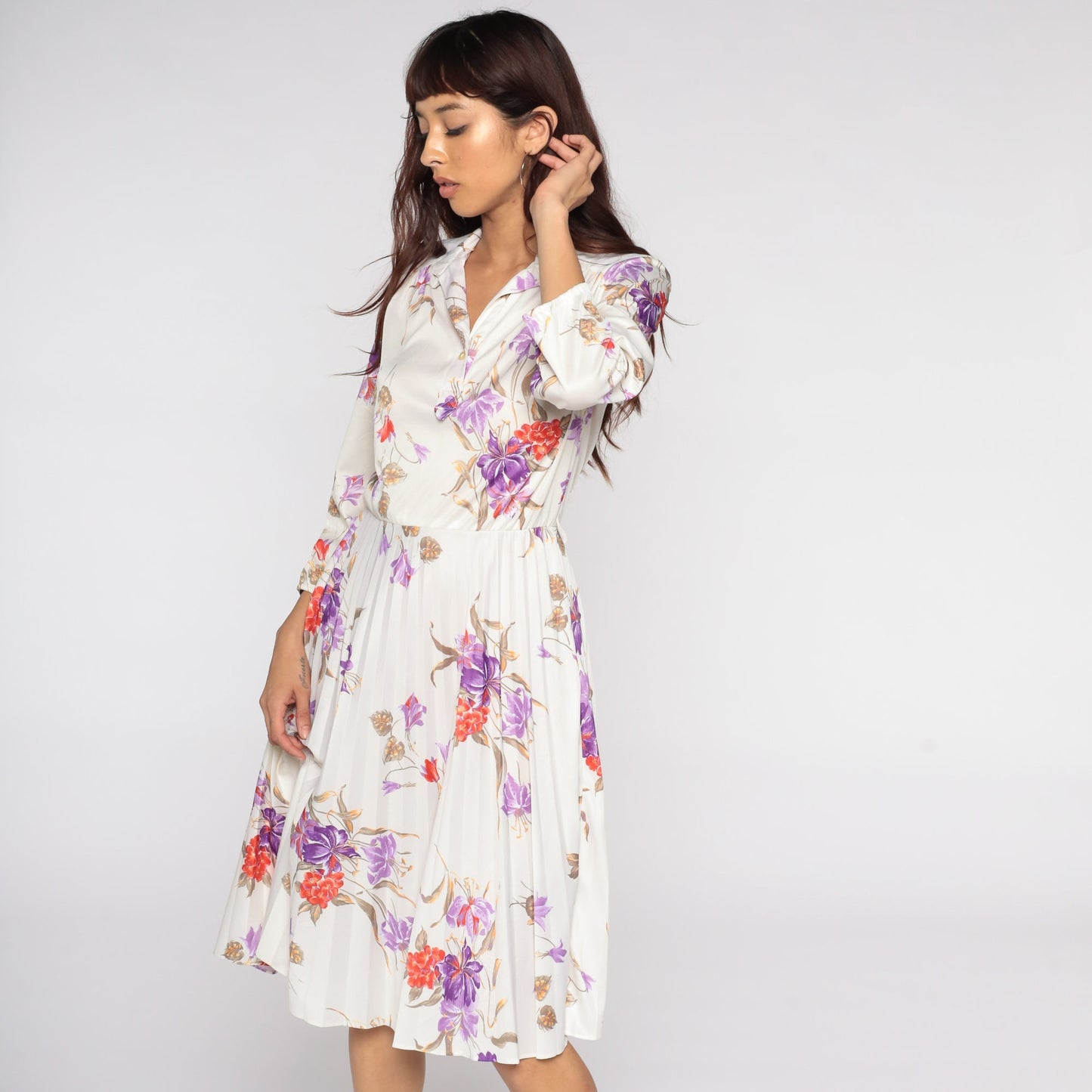 70s Cream Floral Midi Dress High Waist Pleated Button Up Long Sleeve Small Medium