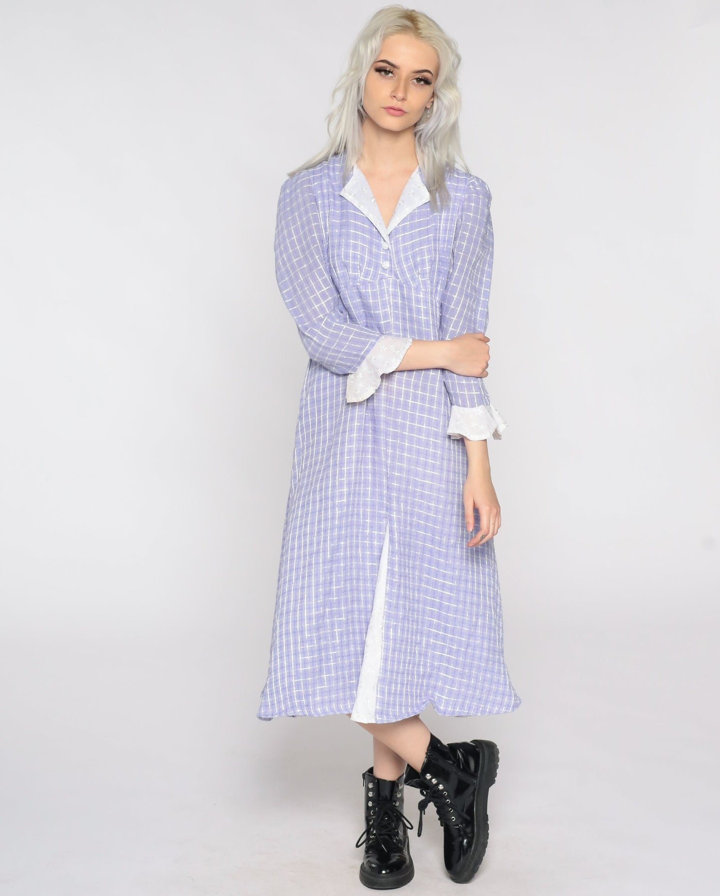 70s Purple Checkered Dress Puff Sleeve Empire Waist Midi Small