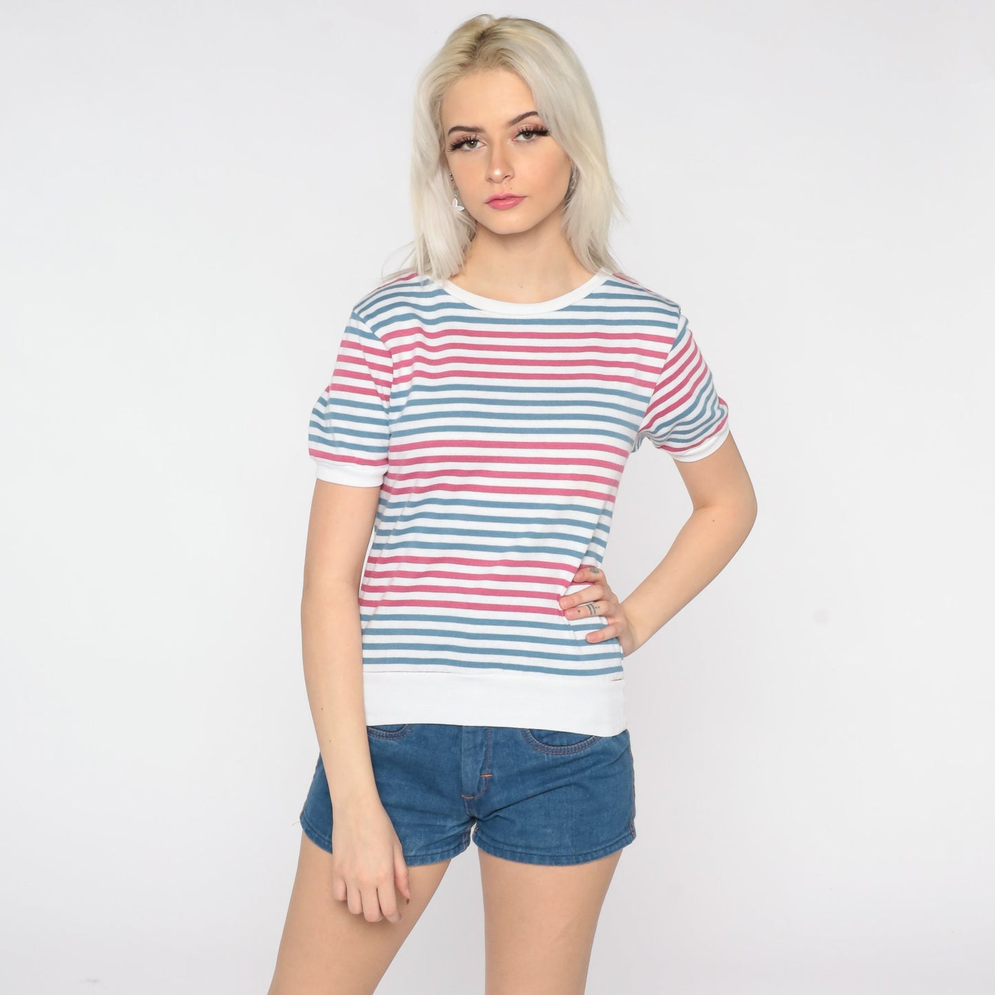 80s Striped Ringer Tee Pink Blue White Cotton Shirt Small S
