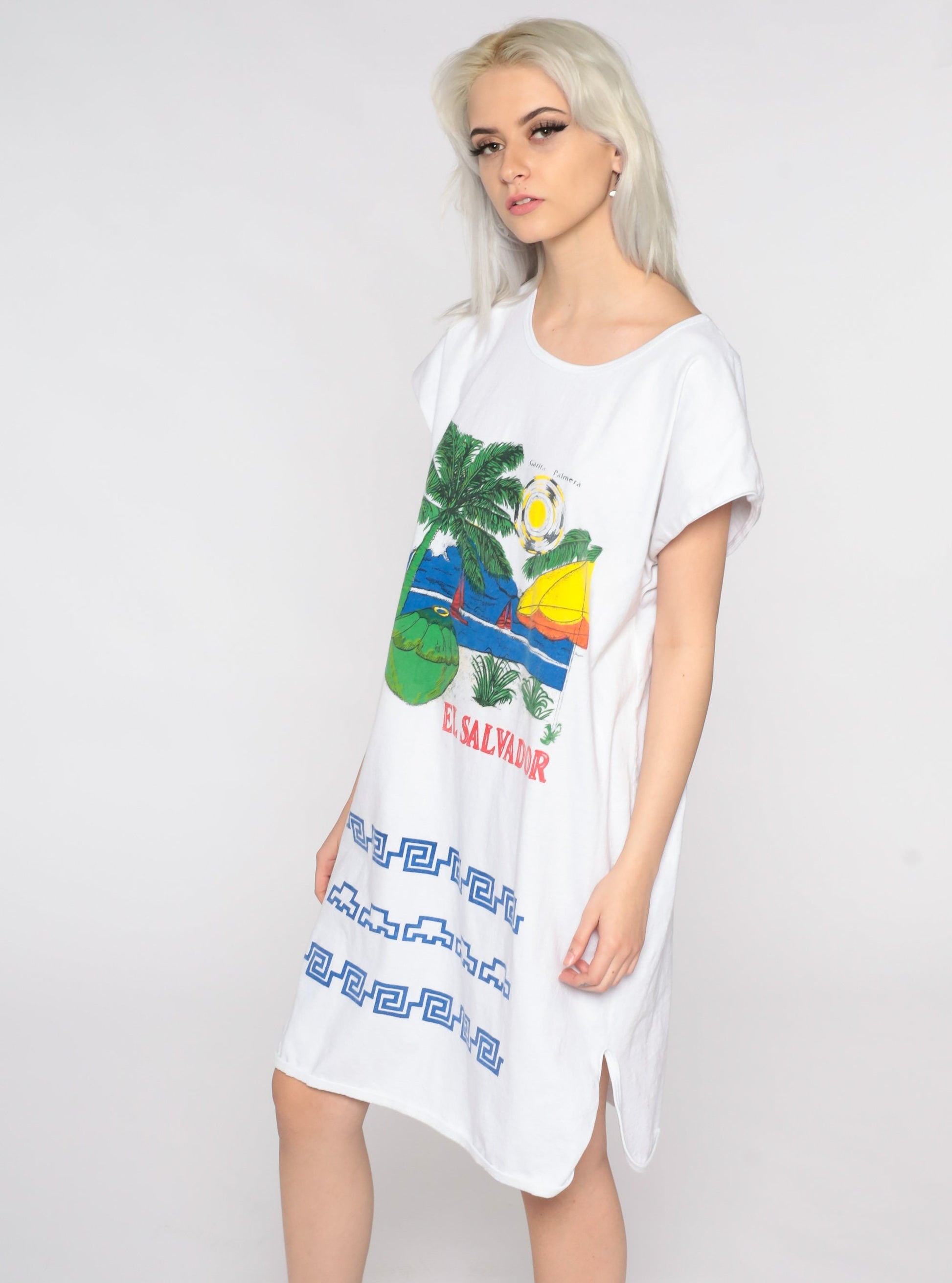 80s El Salvador Tropical Palm Tree Graphic T-Shirt Dress Cotton Medium Large