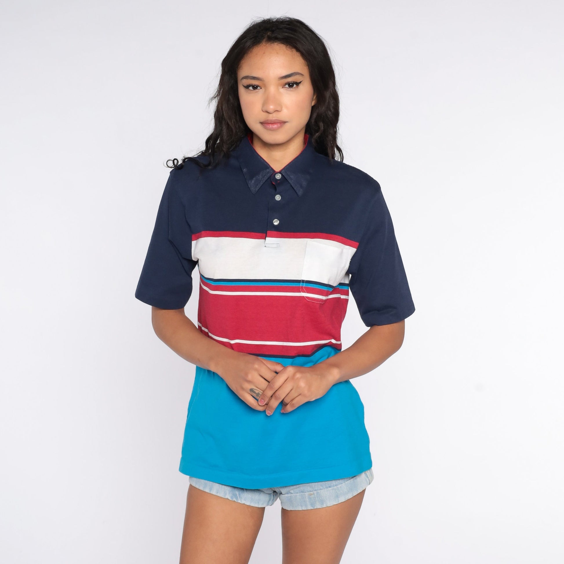80s Tournament by Arrow Striped Polo Shirt Navy Turquoise Red Medium
