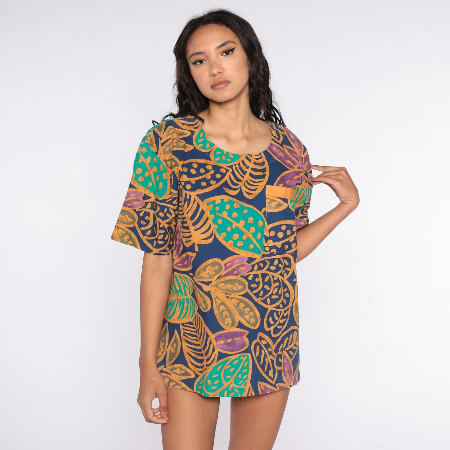 90s Tropical Leaf Graphic T-Shirt Jungle Print Vintage Surfer Tee Large L