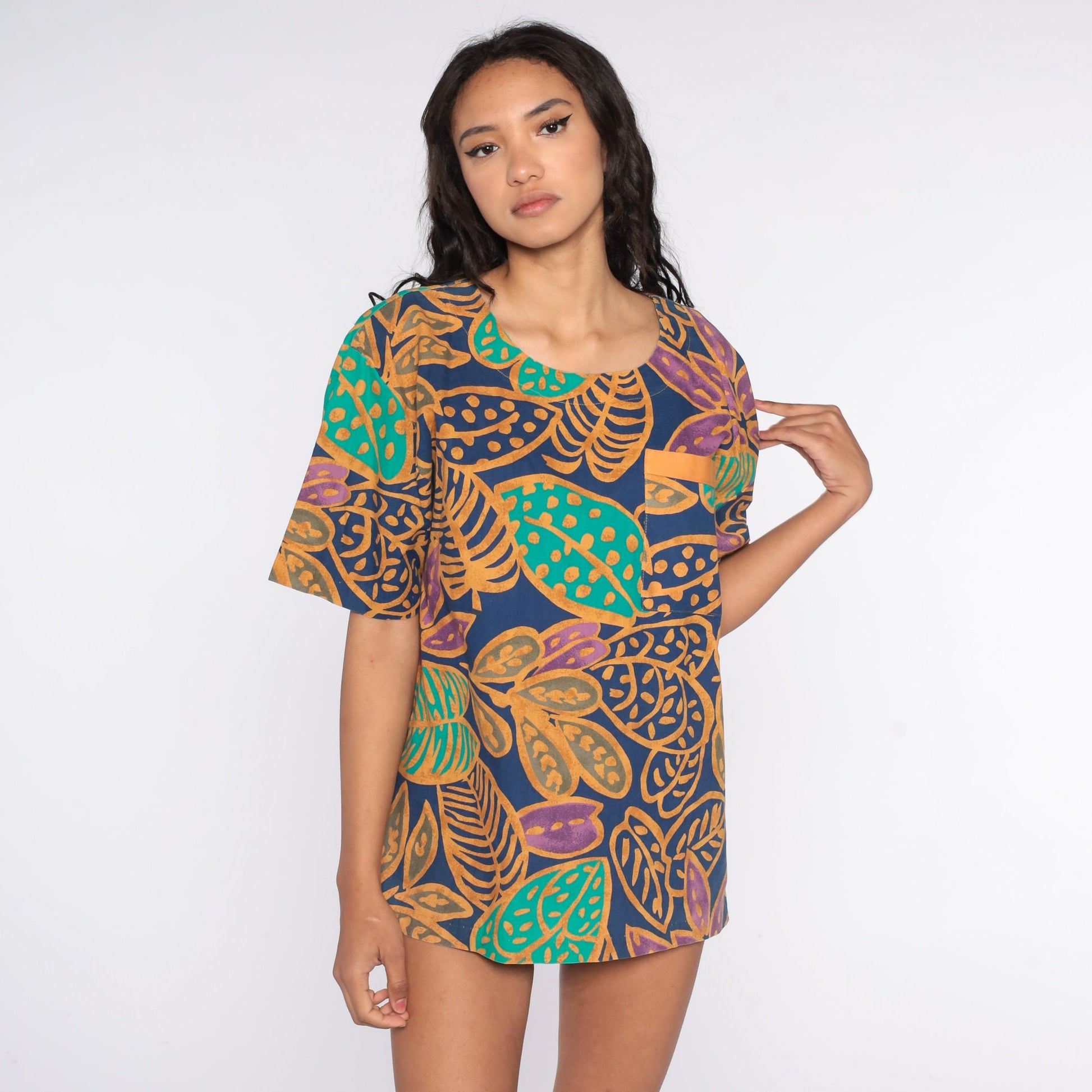 90s Tropical Leaf Graphic T-Shirt Jungle Print Vintage Surfer Tee Large L
