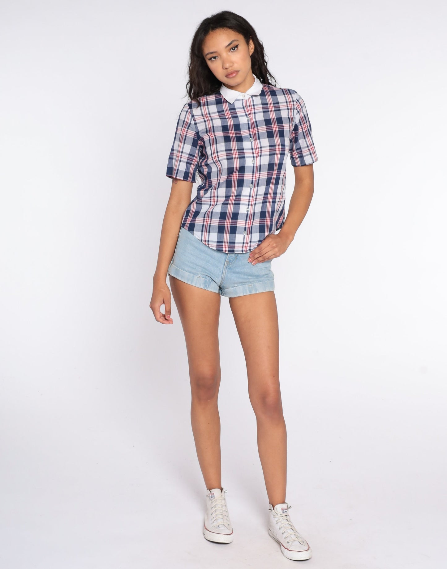 80s Blue Plaid Button-Up Shirt Short Sleeve Checkered Cotton Blouse Small S