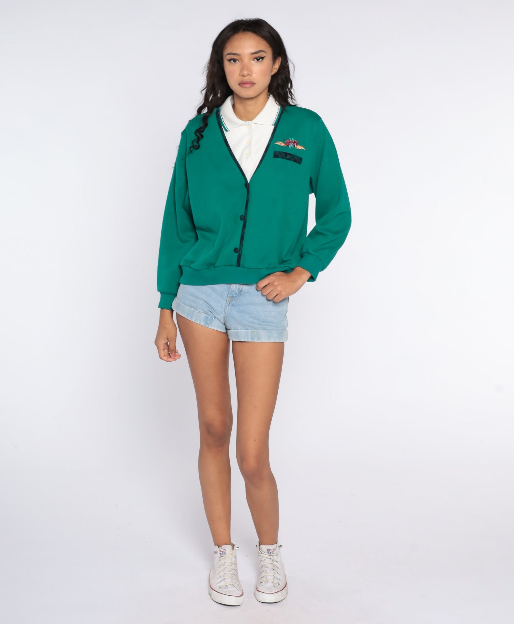 80s Floral Embroidered Sweatshirt Green Layered 2fer Pullover Large L