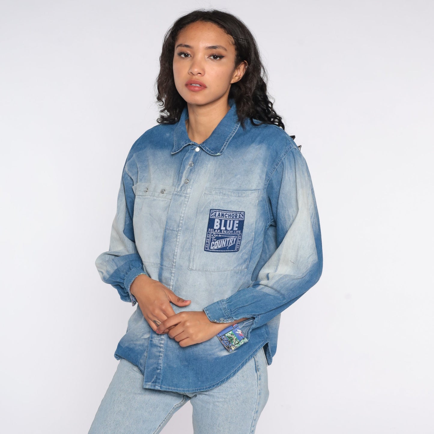 90s Anchor Blue Denim Pearl Snap Western Shirt Small