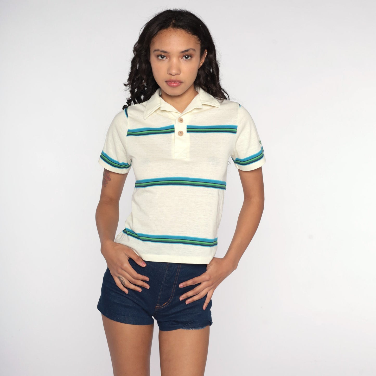 70s Ocean Pacific Striped Button-Up Shirt Cream Polo Small S