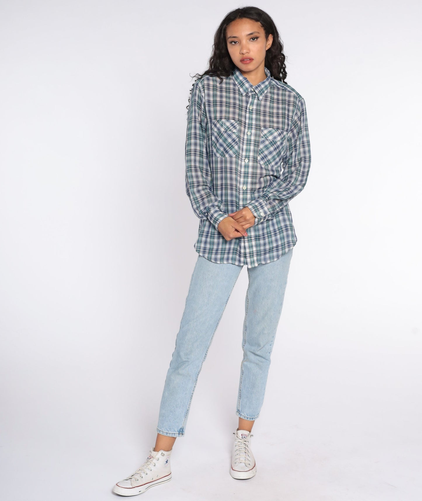 80s Blue Plaid Button Up Shirt Cotton Blend Distressed Large