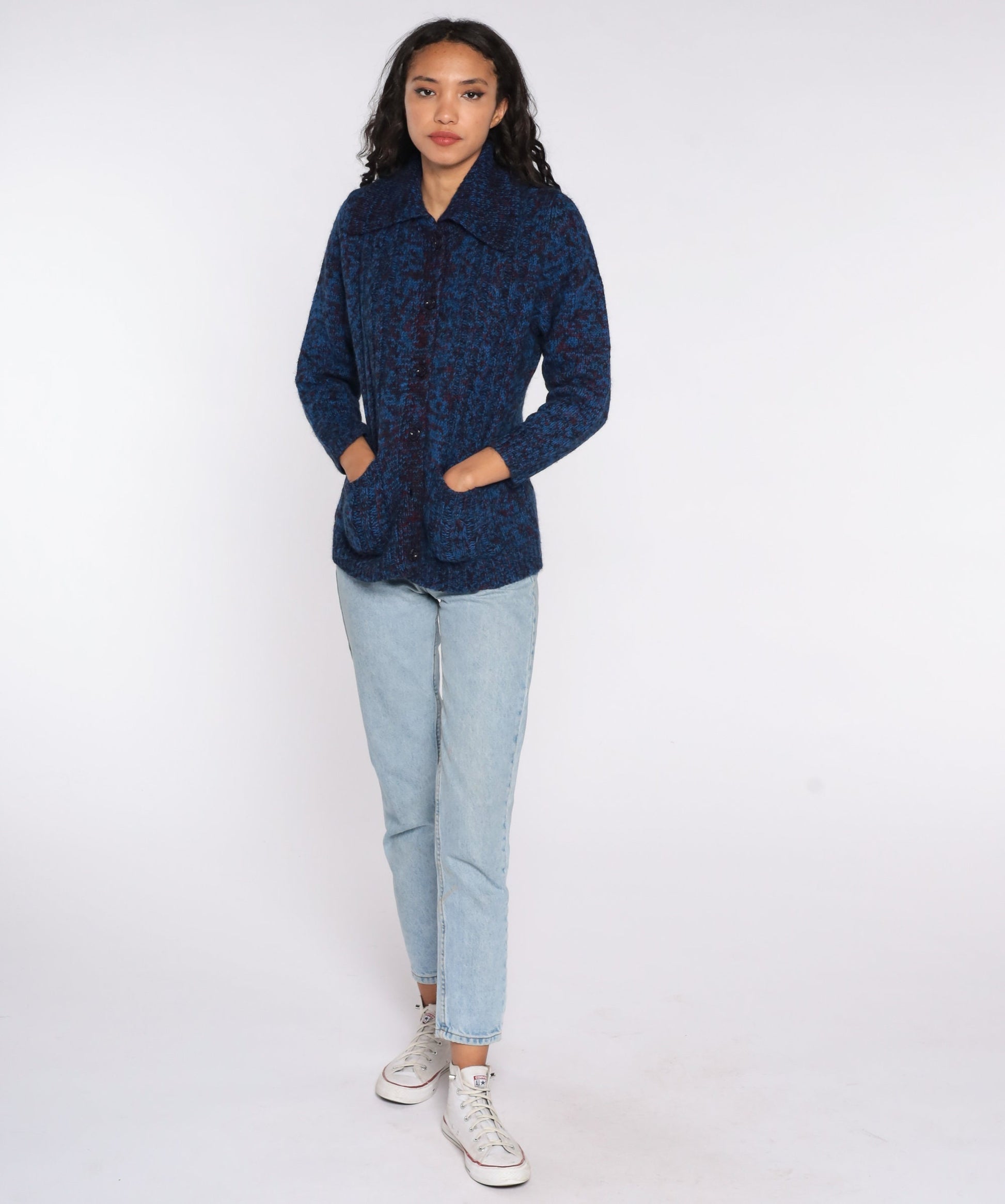70s Dark Blue Space Dye Cardigan Sweater Button Front Medium