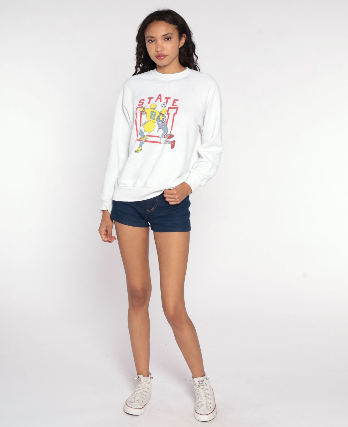 80s State U Football Sweatshirt White Graphic Crewneck Pullover Large