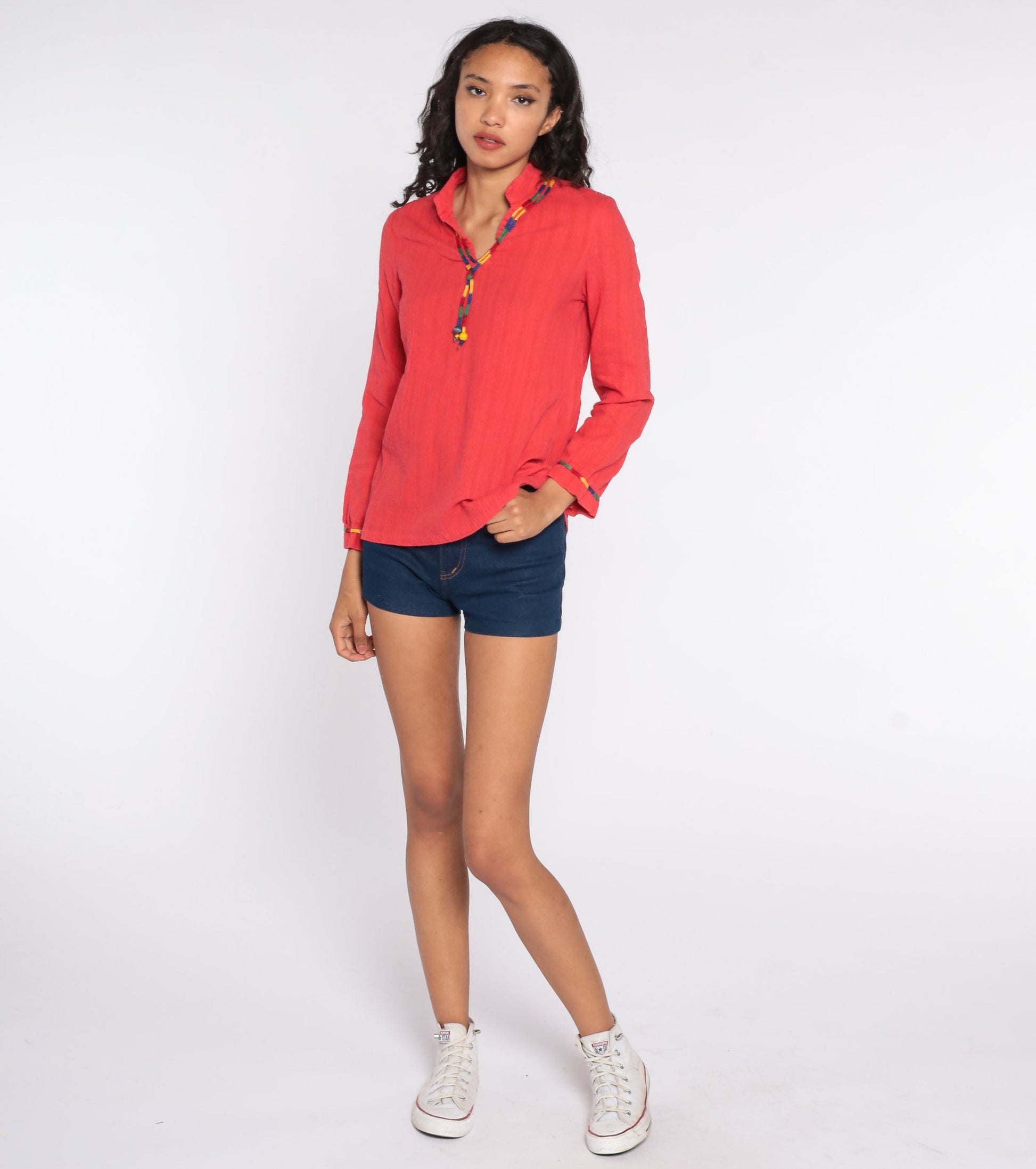 70s Red Cotton Tunic Top V-Neck Long Sleeve Vintage Blouse Small