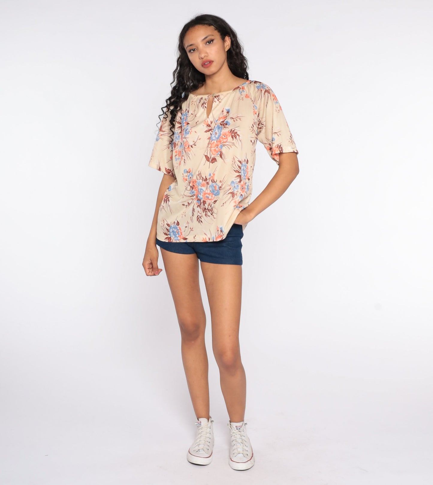 70s Floral Keyhole Blouse Cream Short Sleeve Vintage Shirt Large