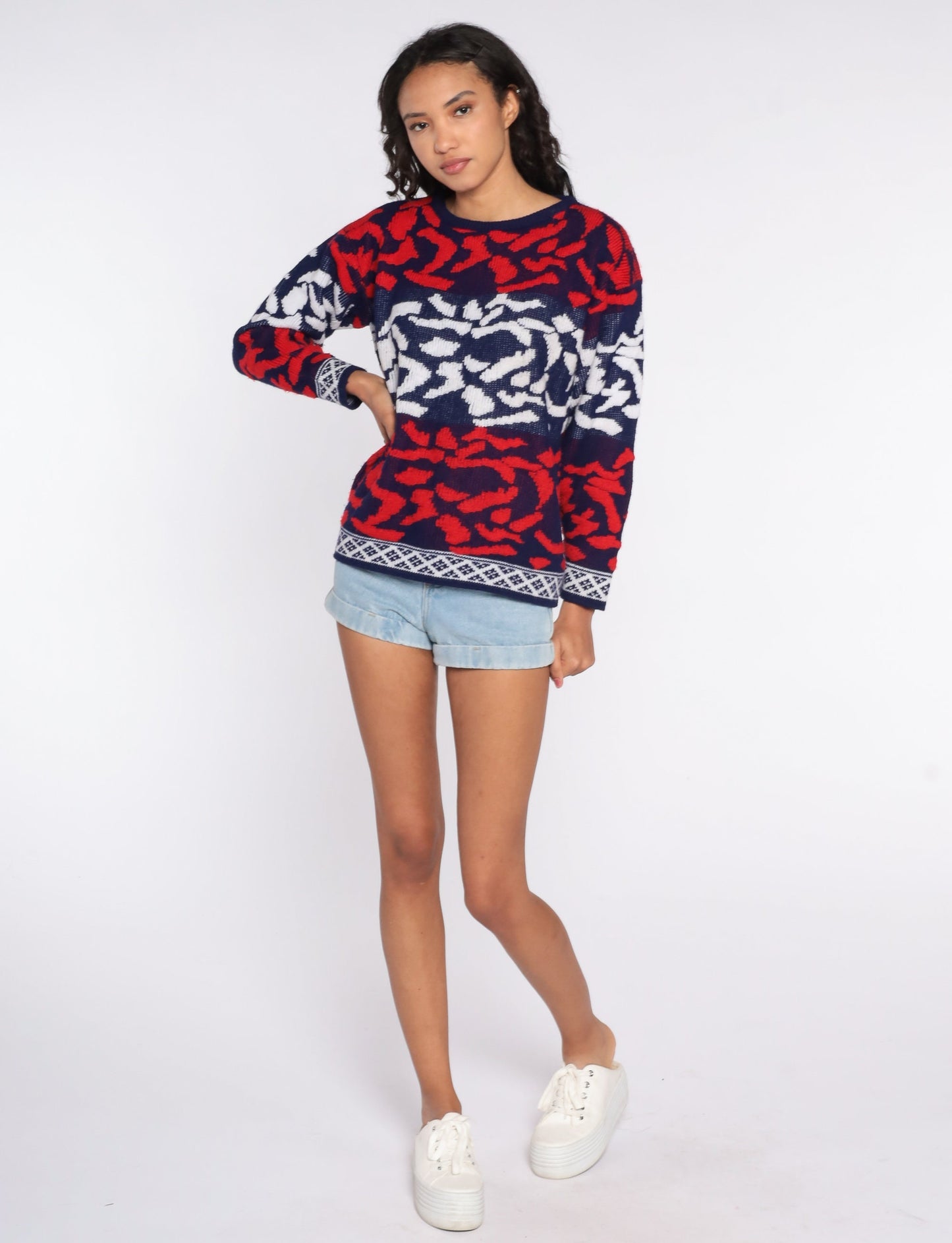 80s Abstract Print Knit Sweater Red White Blue Crewneck Medium