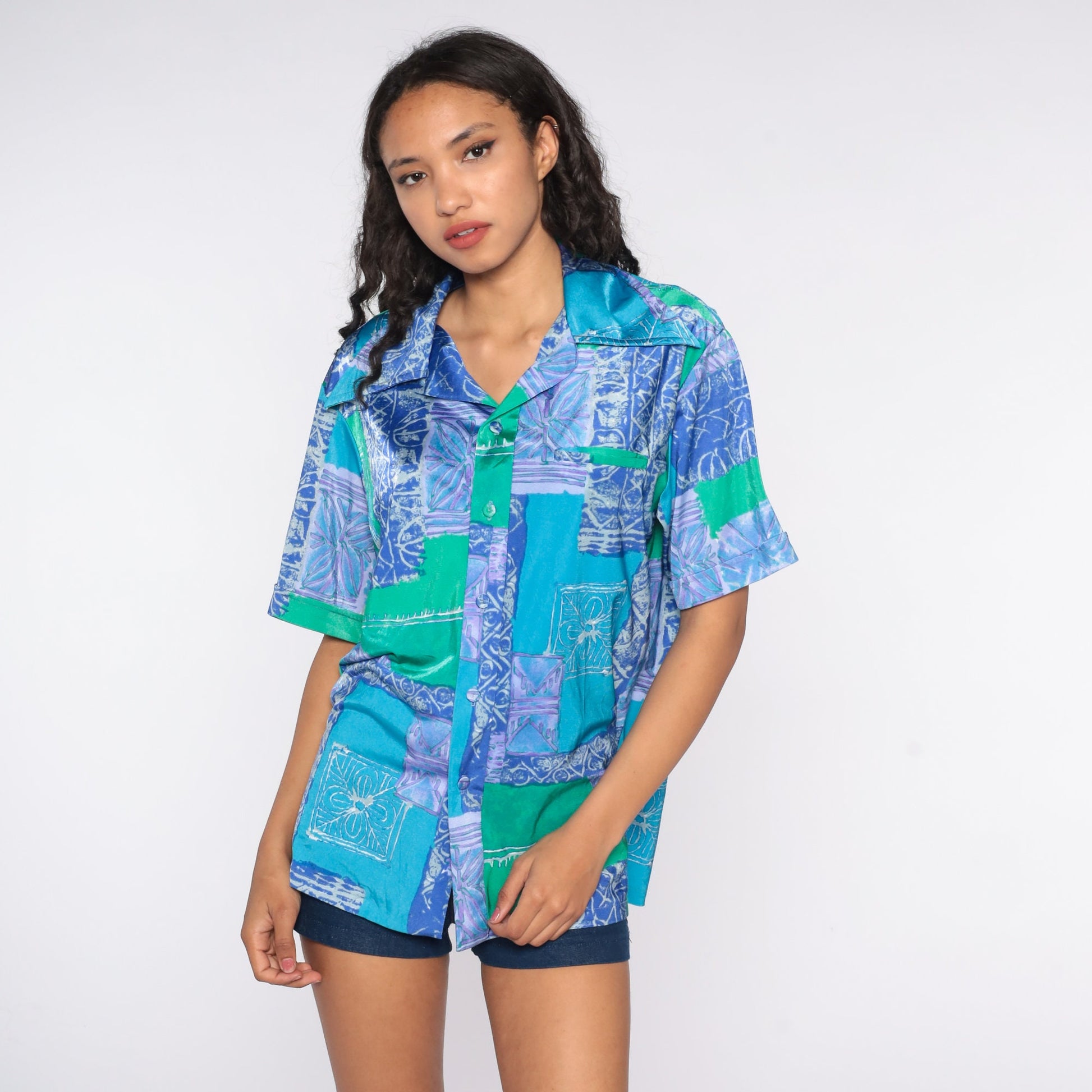 70s Liberty House Geometric Dagger Collar Shirt Blue Psychedelic Extra Large
