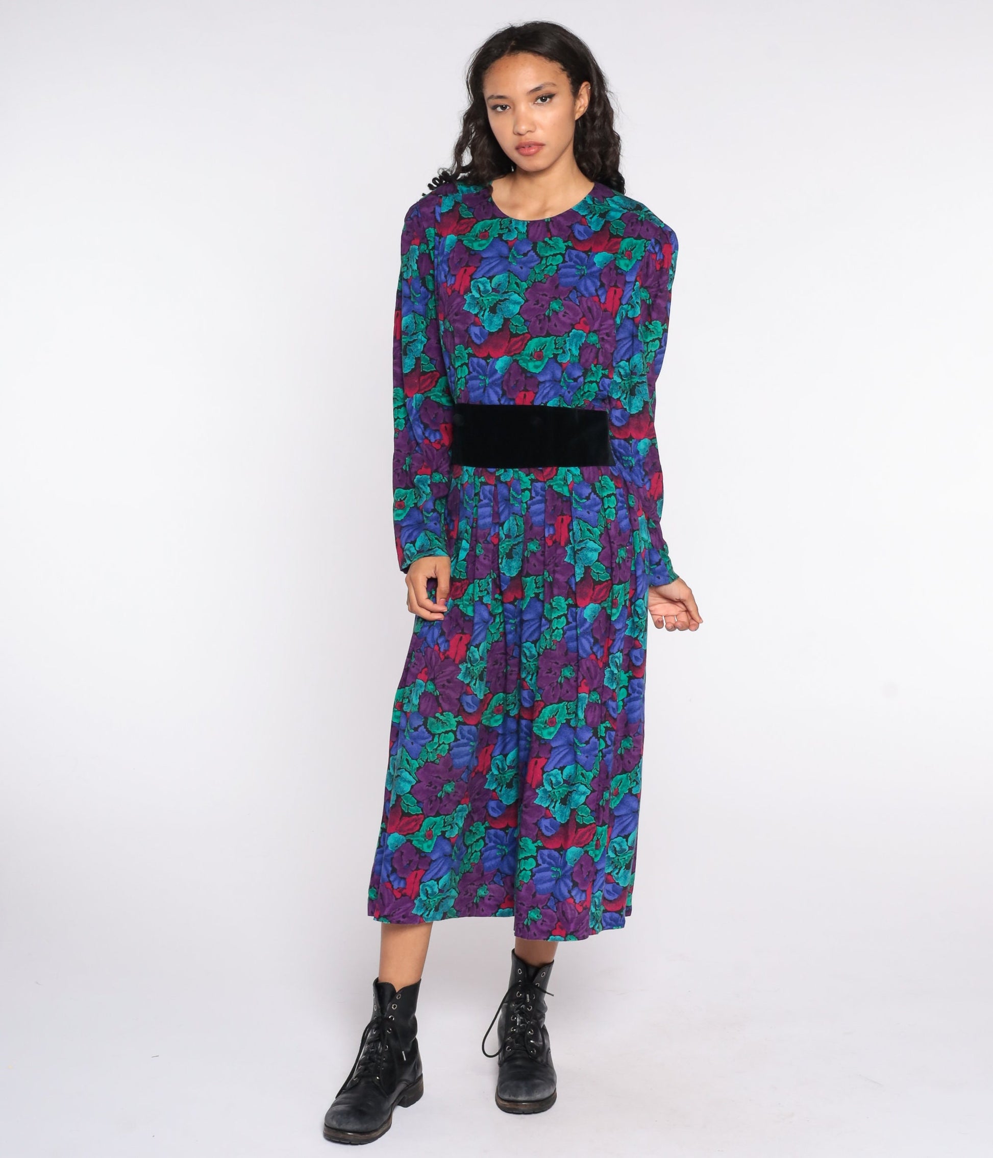 80s Floral Midi Dress High Waist Long Sleeve Pleated Print Medium