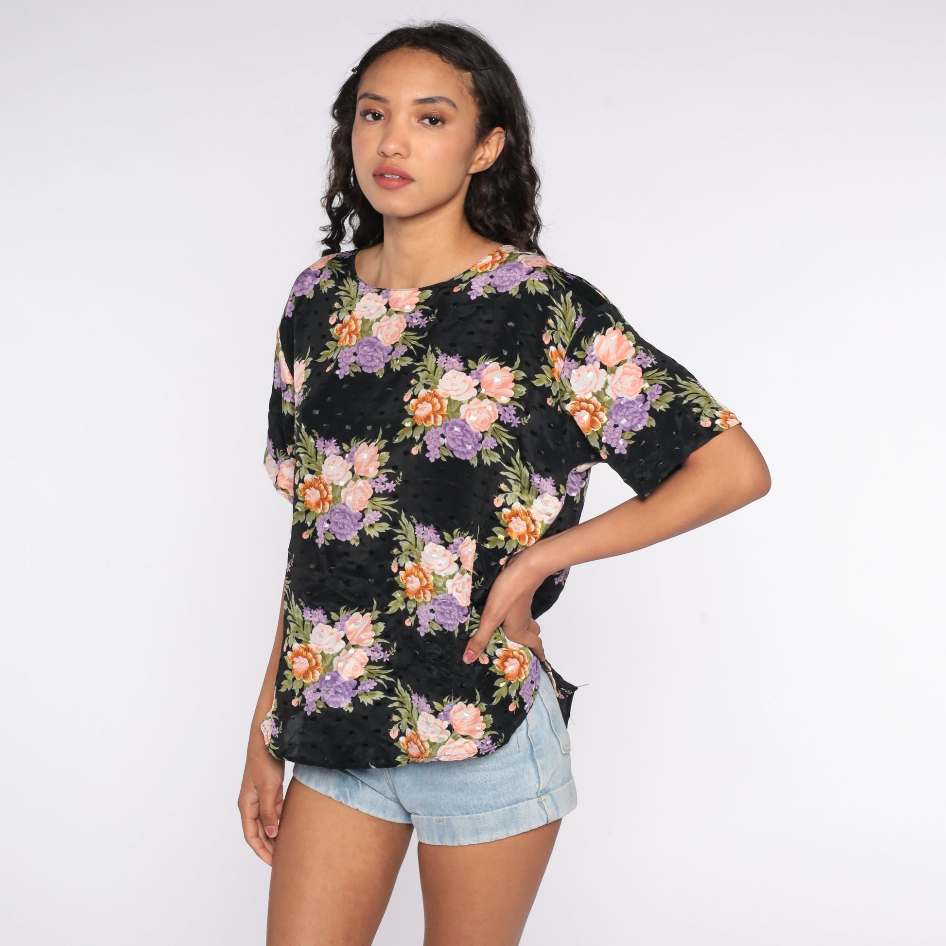 80s Black Floral Embossed Blouse Short Sleeve Shirt Plus Size 14W