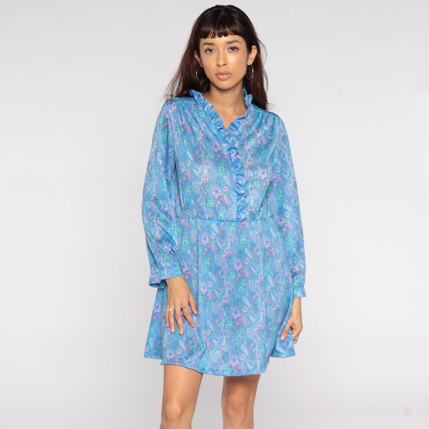 80s Blue Paisley Print Mini Dress Long Sleeve High Waist Ruffle V Neck Medium