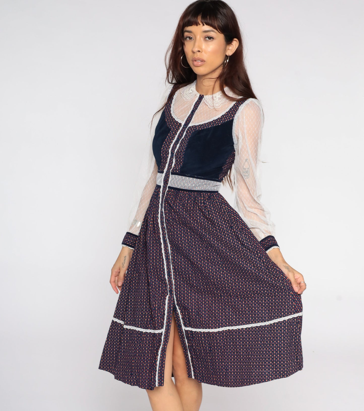 70s Candi Jones Floral Calico Midi Dress Puff Sleeve High Waist Small