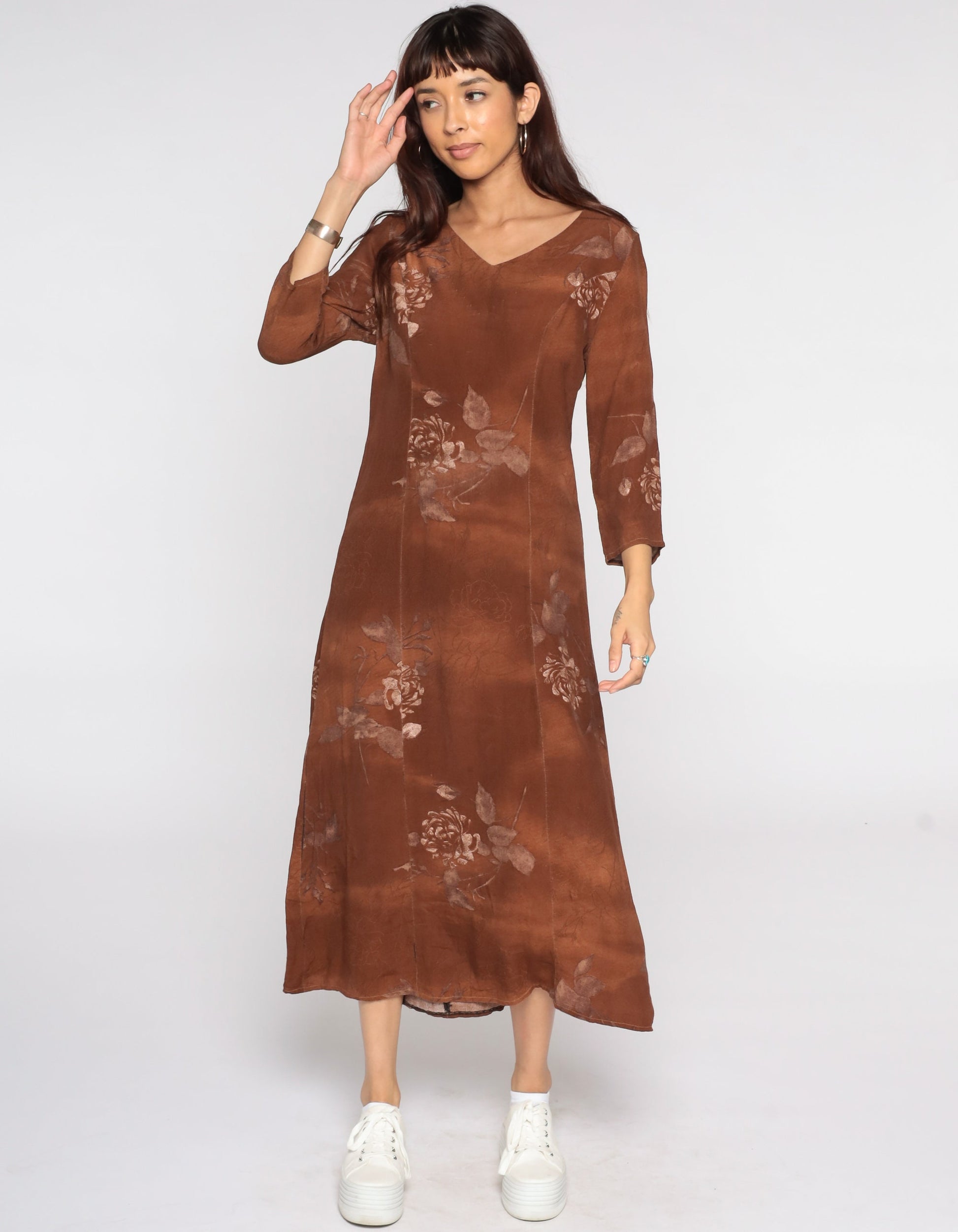 90s Brown Floral Rayon Dress Long Sleeve Maxi Small