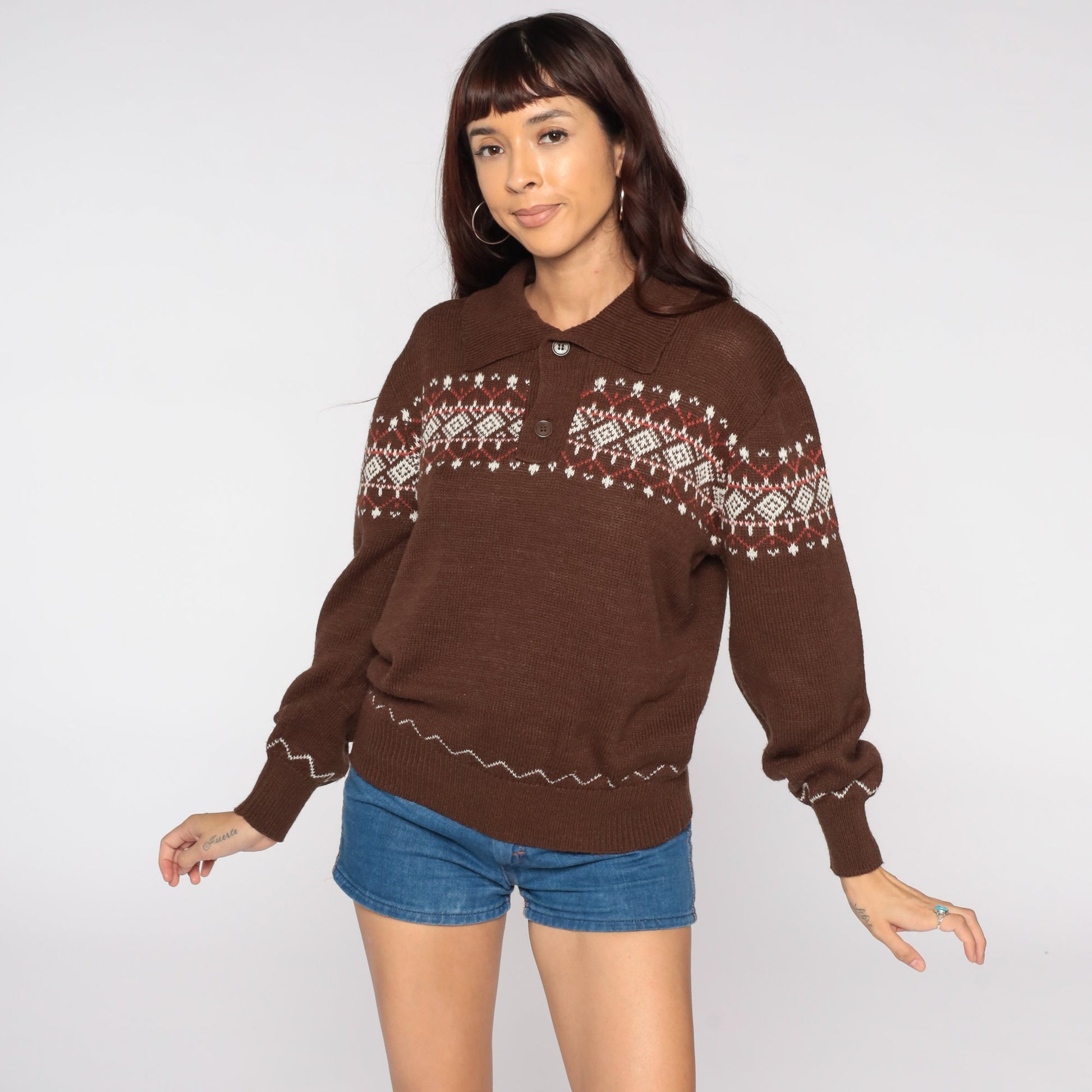 70s Fair Isle Sweater Brown Knit Geometric Pullover Medium
