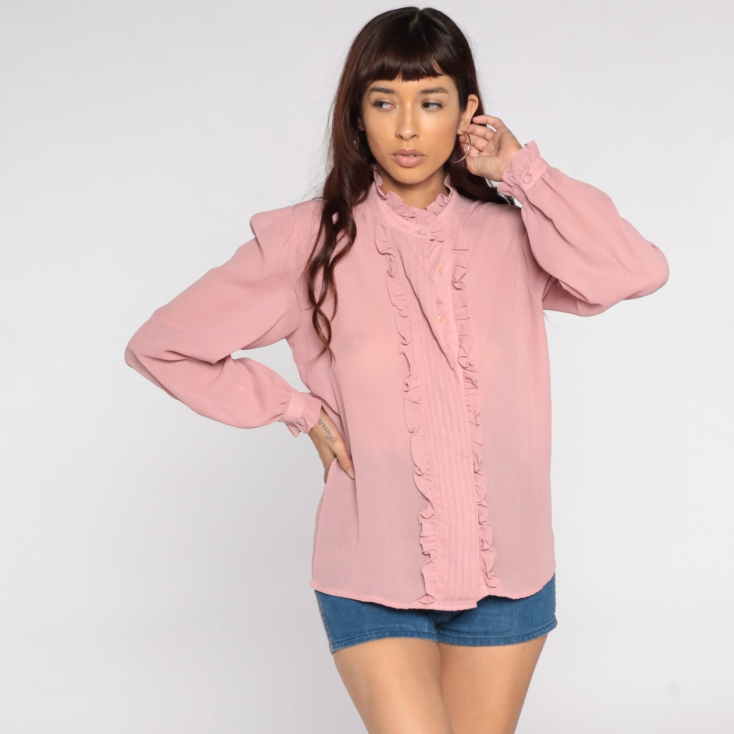 80s Pink Sheer Ruffle Tuxedo Blouse Puff Sleeve Button Up Medium