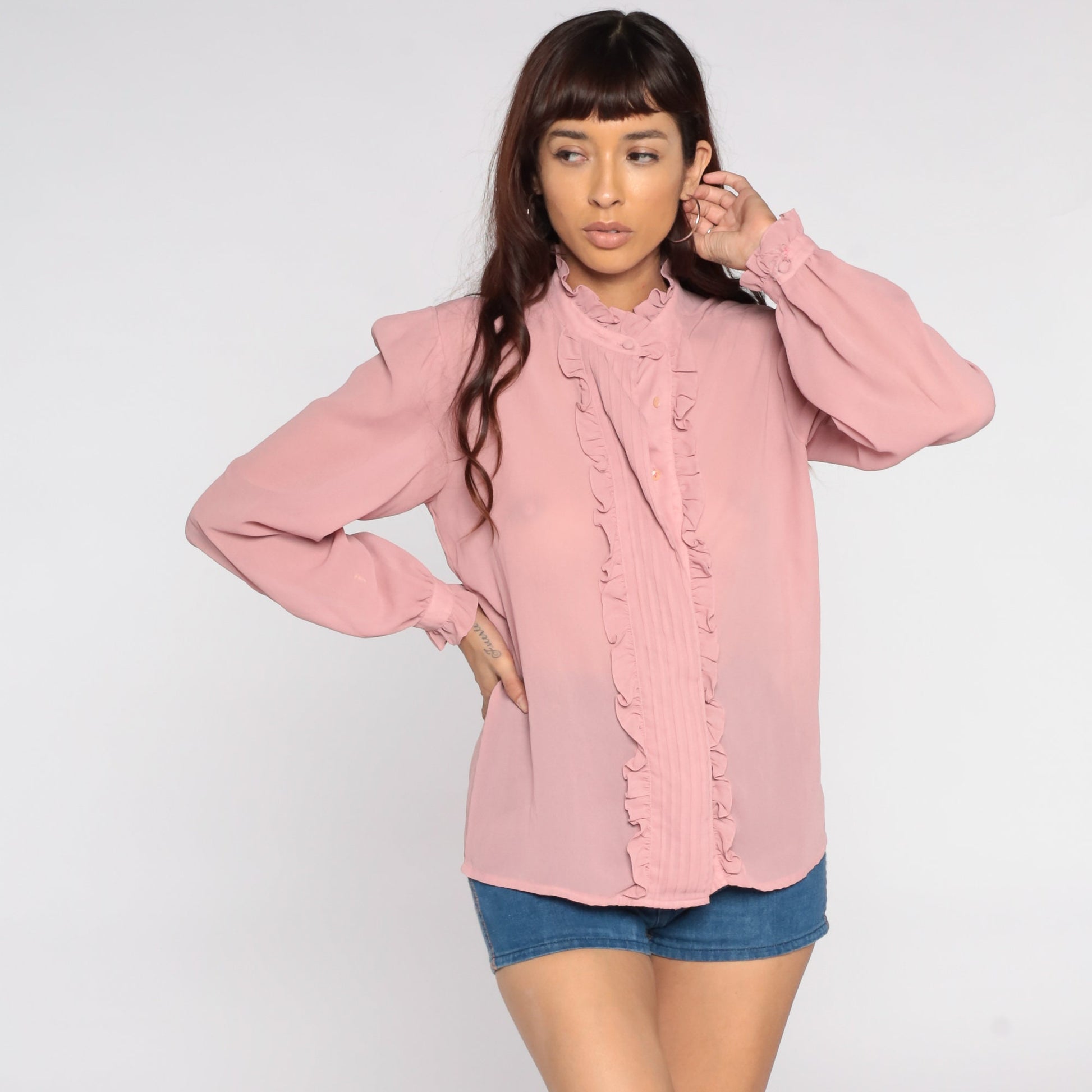 80s Pink Sheer Ruffle Tuxedo Blouse Puff Sleeve Button Up Medium