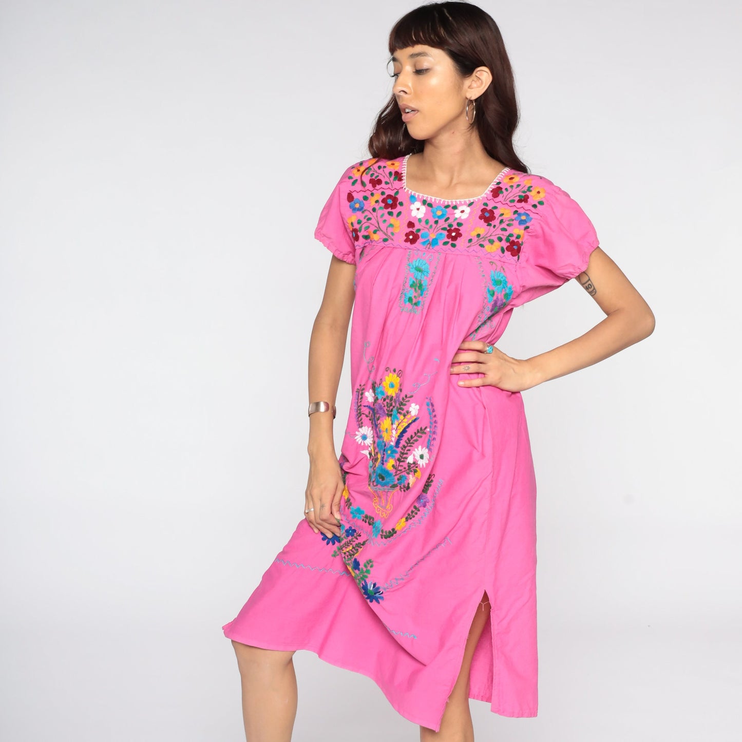 Vintage Mexican Pink Cotton Midi Dress Embroidered Tunic Medium
