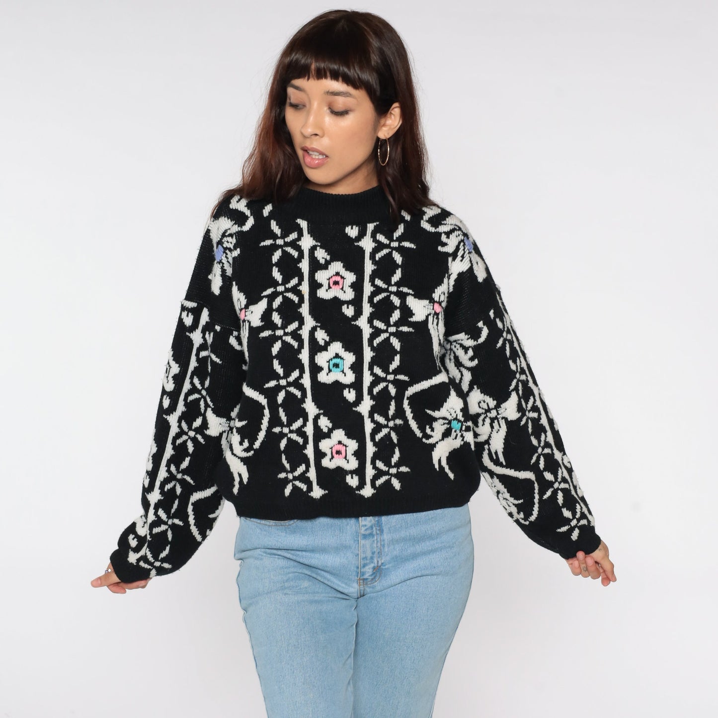 80s Black Floral Sweater White Print Pullover Knit Large
