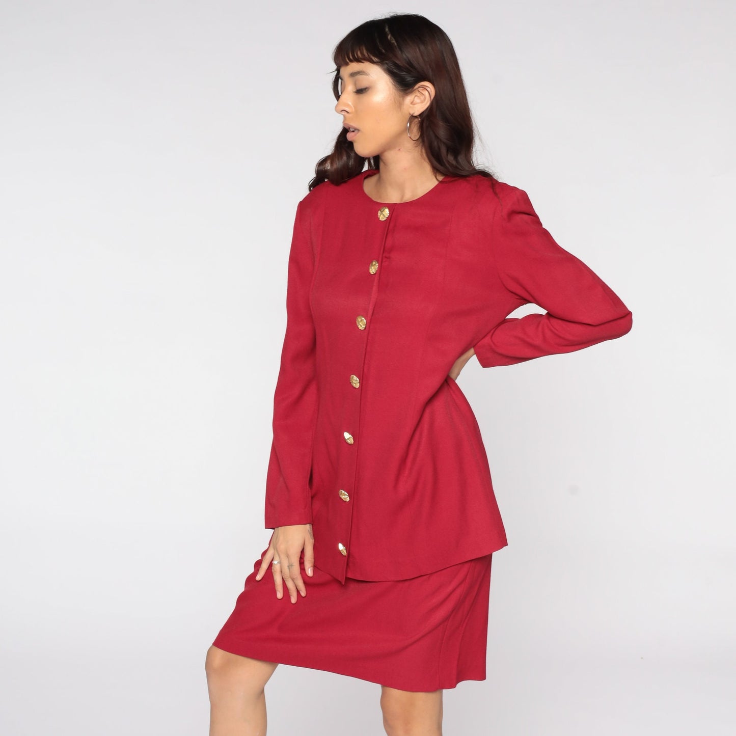 80s Red Button-Up Dress Gold Buttons Knee Length Long Sleeve Medium
