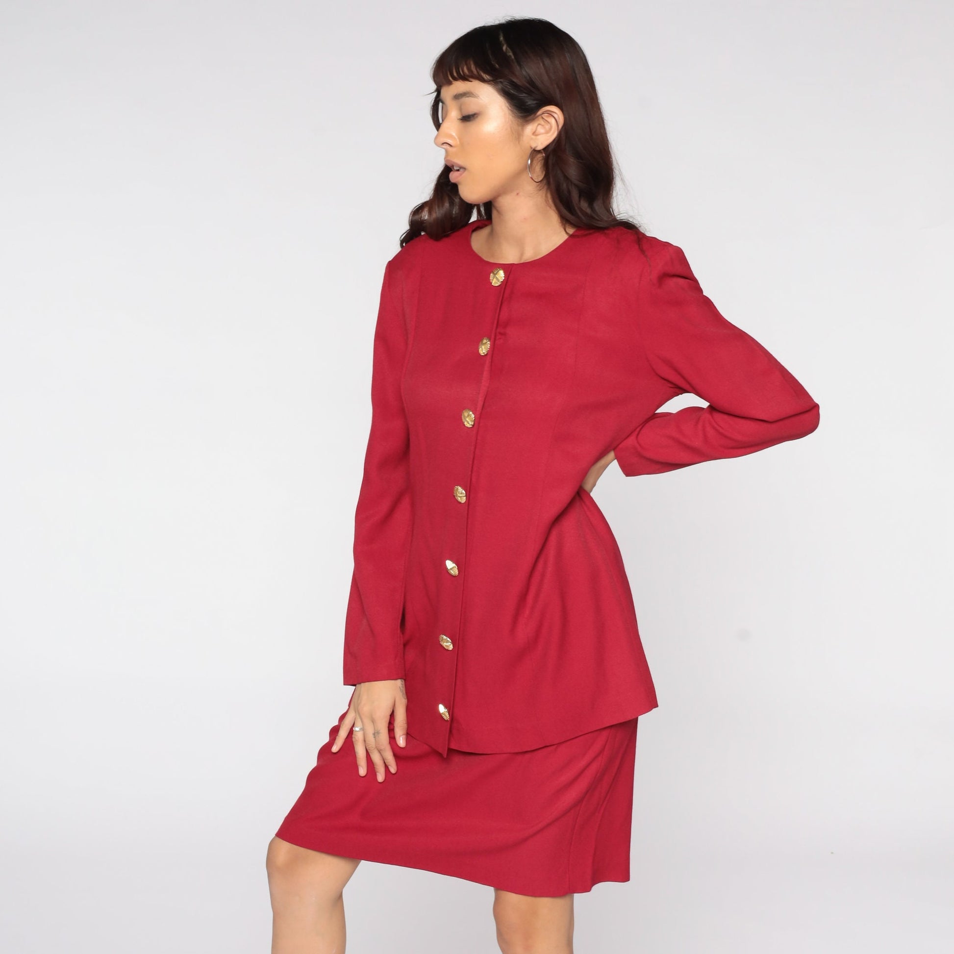 80s Red Button-Up Dress Gold Buttons Knee Length Long Sleeve Medium
