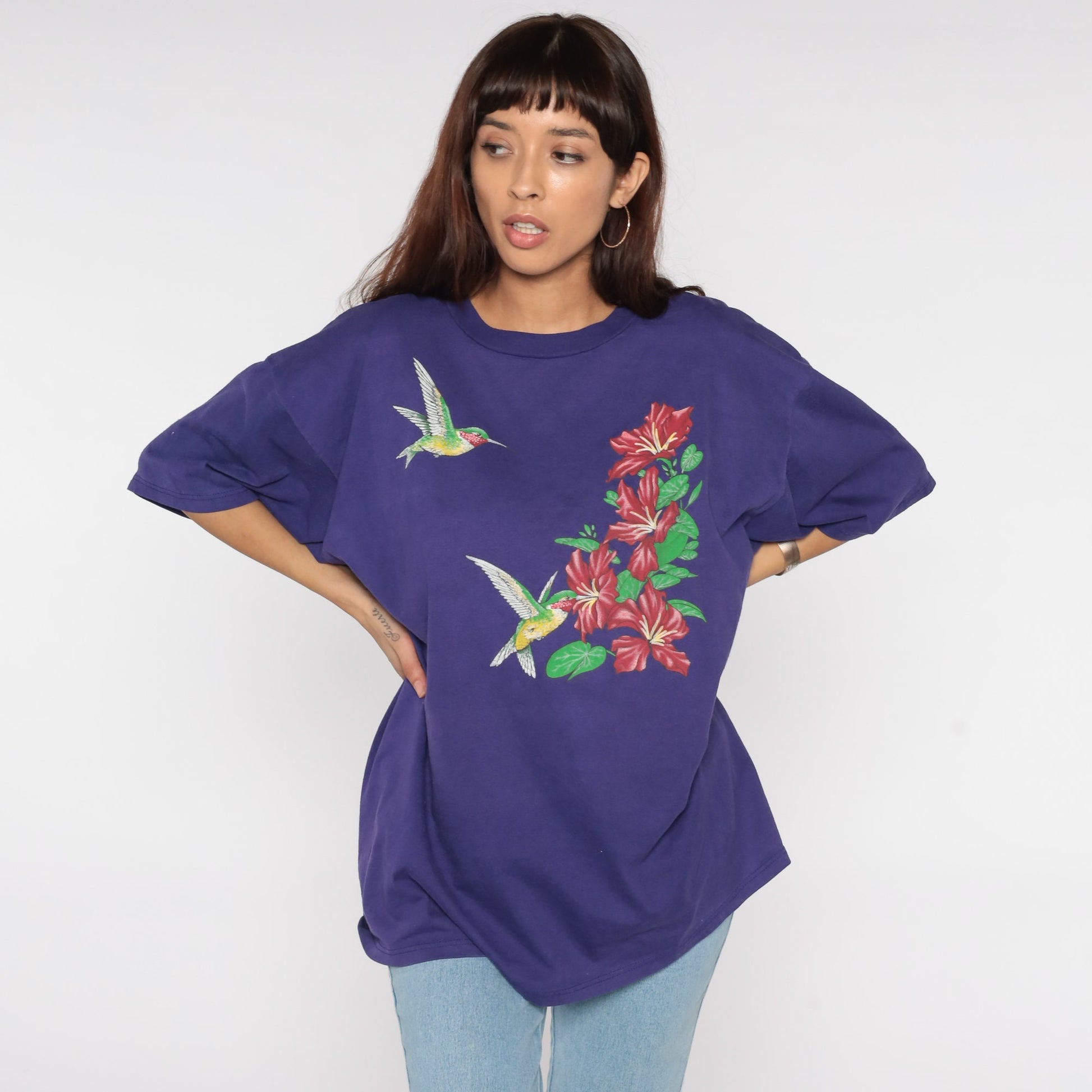 90s Hummingbird Canna Flower T-Shirt Purple Graphic Tee Plus Size XXL