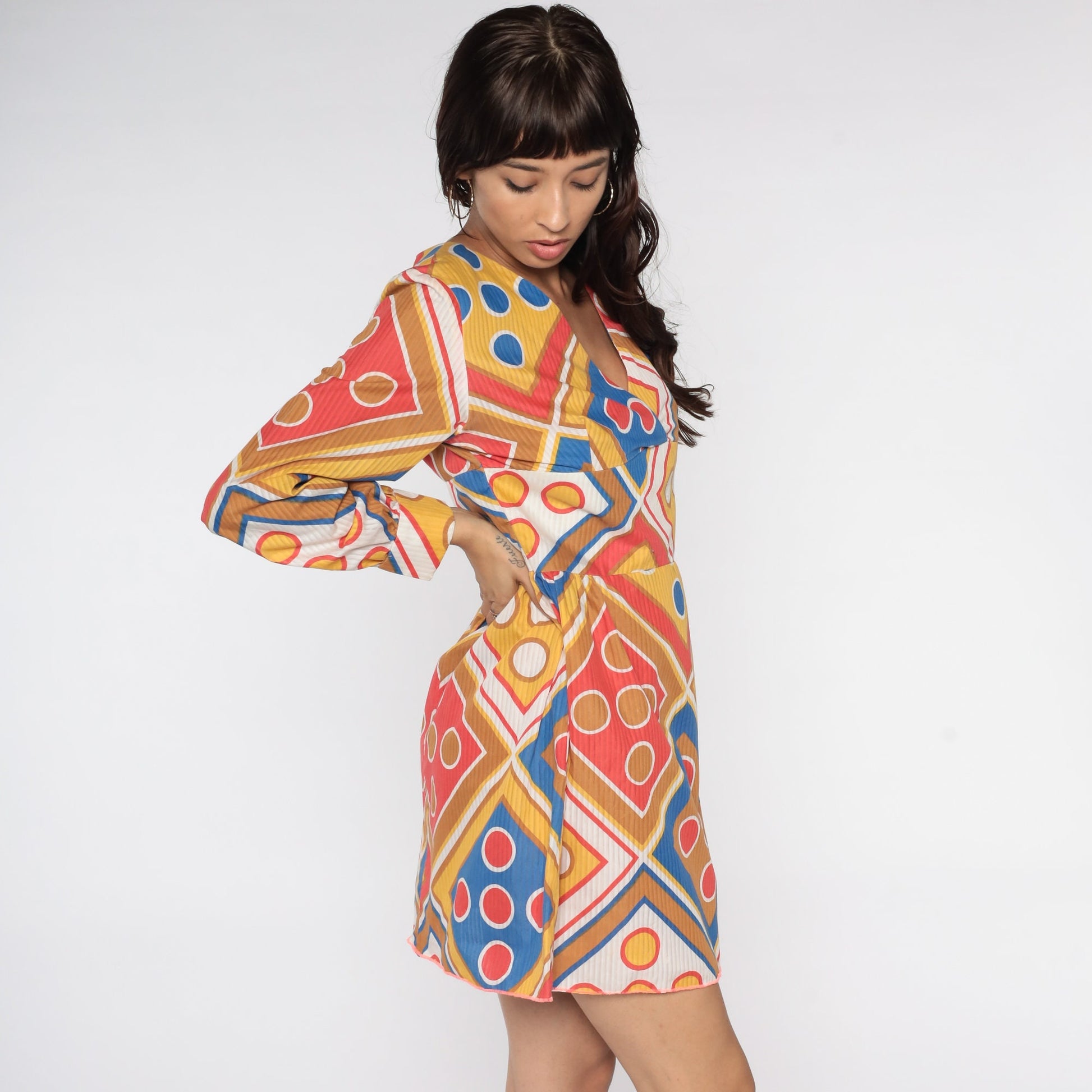 70s Geometric Print Babydoll Dress Empire Waist Mini Long Sleeve Yellow Blue Medium
