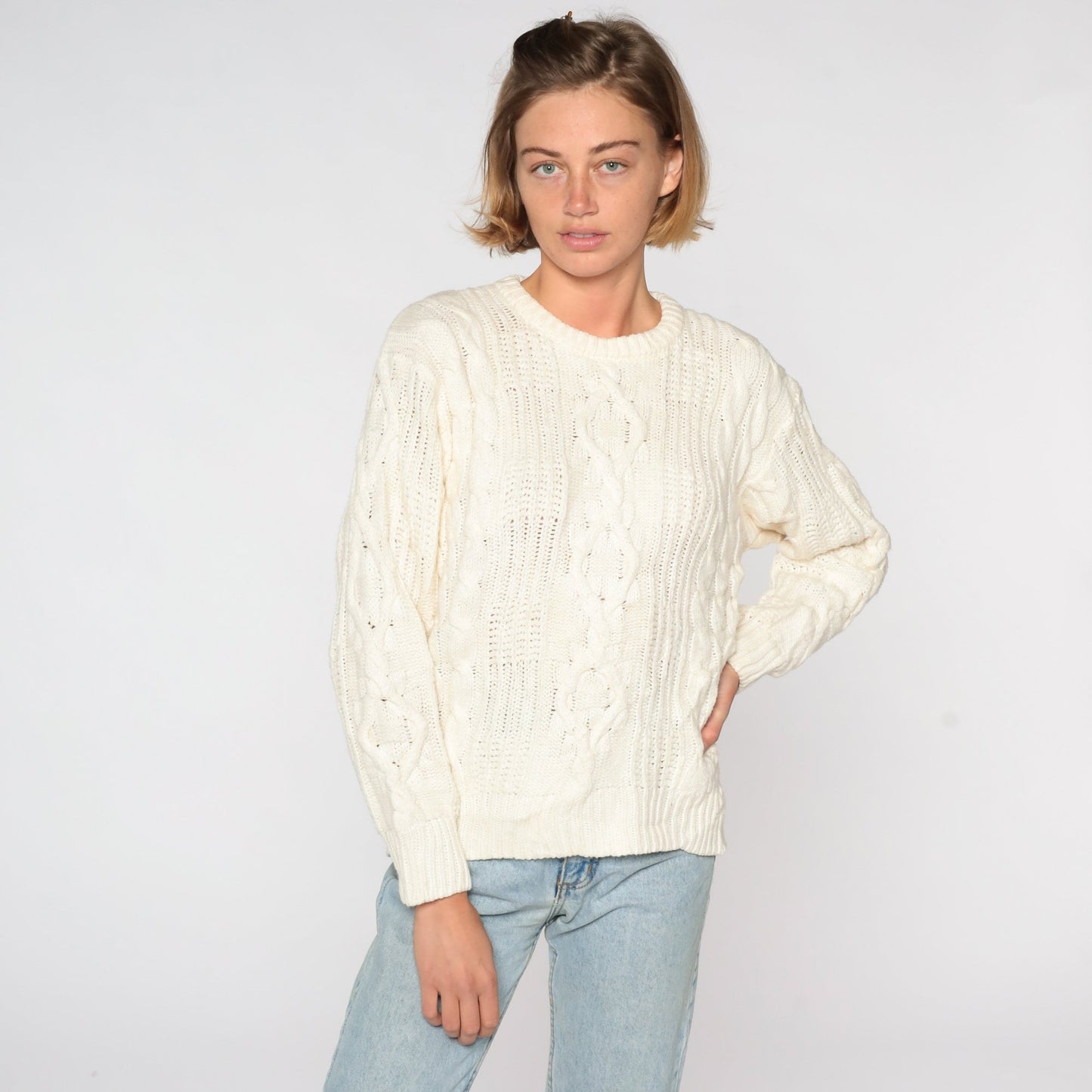 80s Cream Cable Knit Sweater Pullover Crewneck Medium