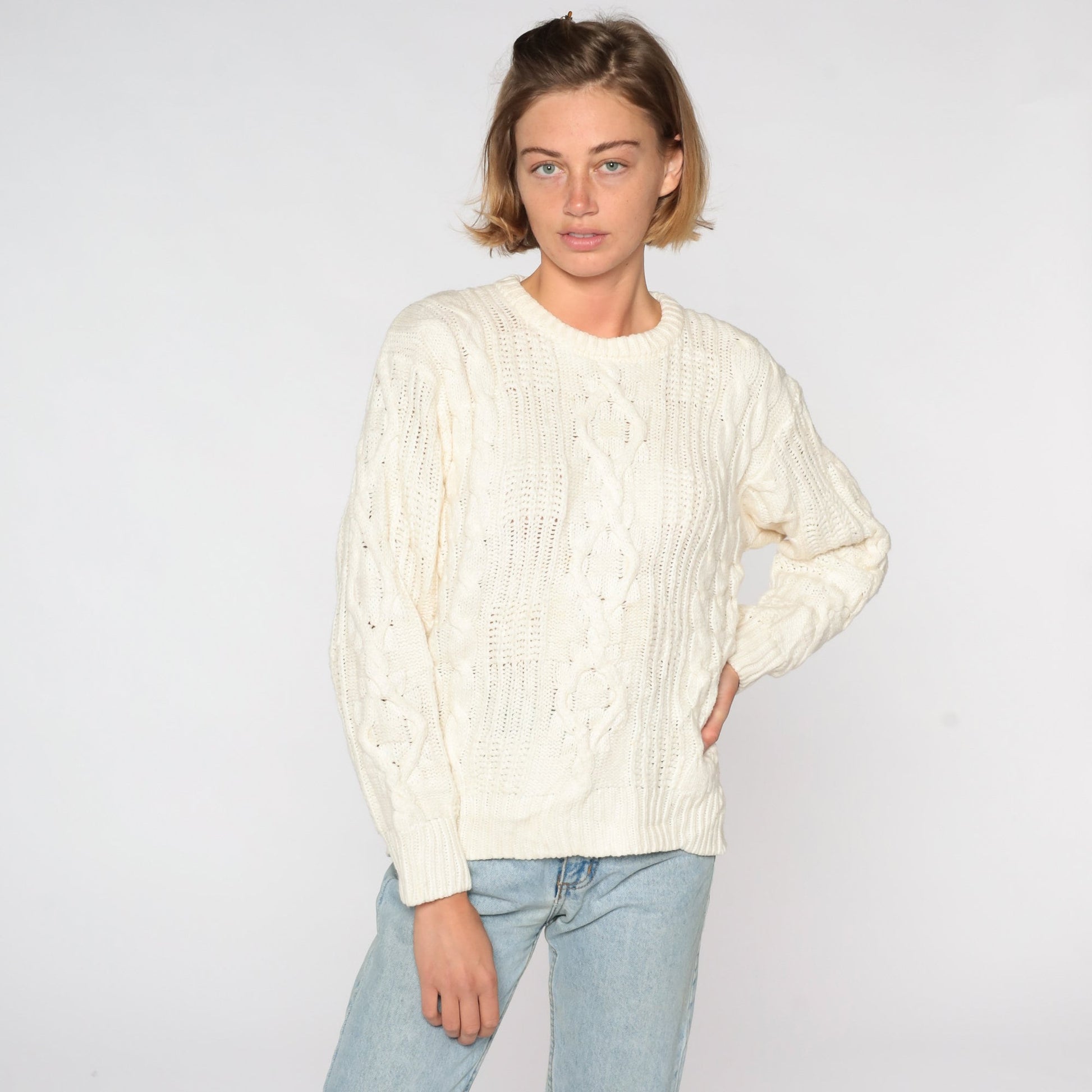 80s Cream Cable Knit Sweater Pullover Crewneck Medium