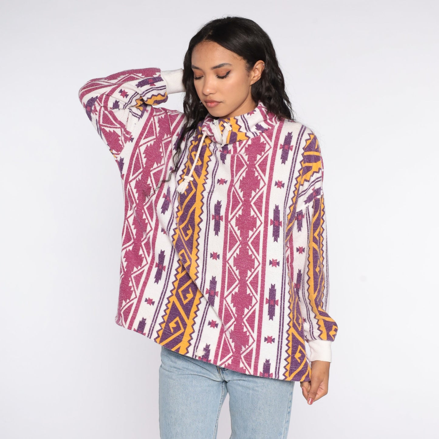 90s Southwestern Mock Neck Drawstring Shirt Aztec Print White Pink Purple Medium