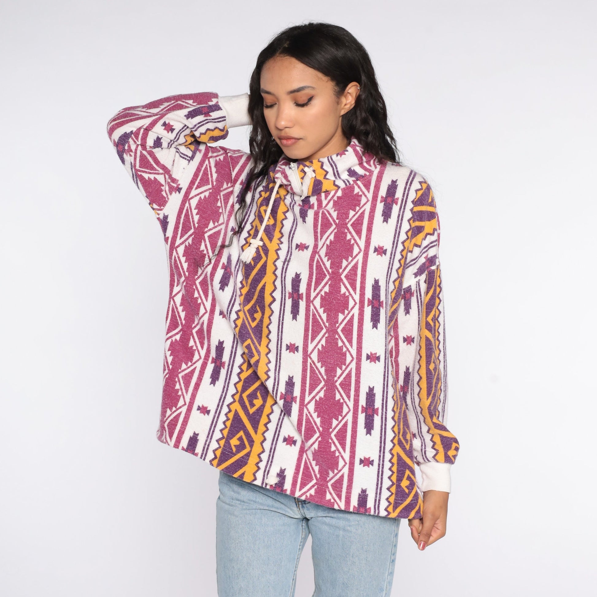 90s Southwestern Mock Neck Drawstring Shirt Aztec Print White Pink Purple Medium