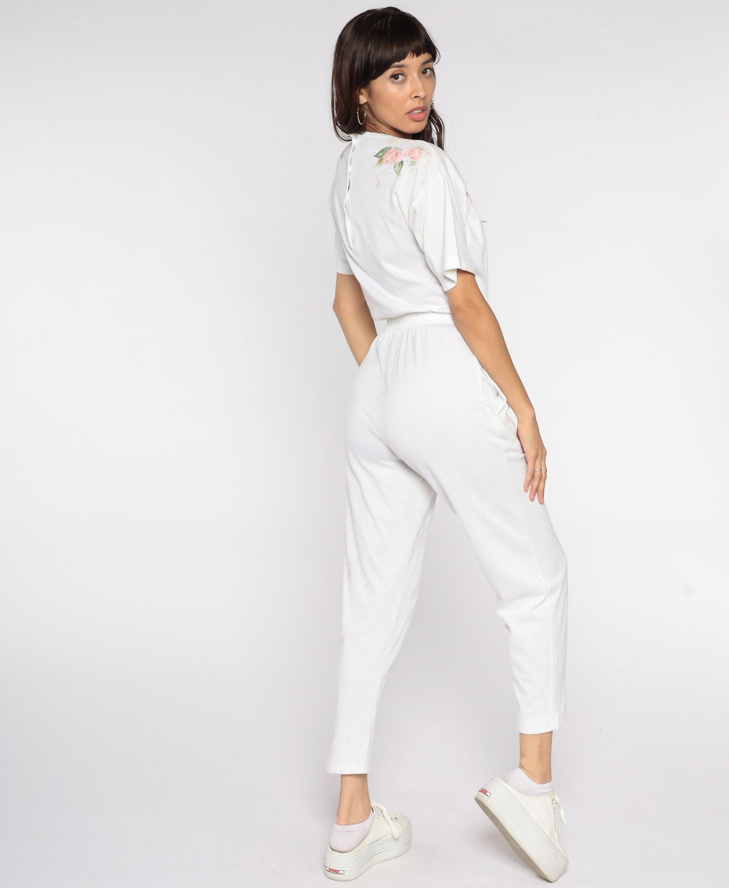 80s Hand Painted Floral Jumpsuit White High Waisted Button Back Short Sleeve Extra Small XS