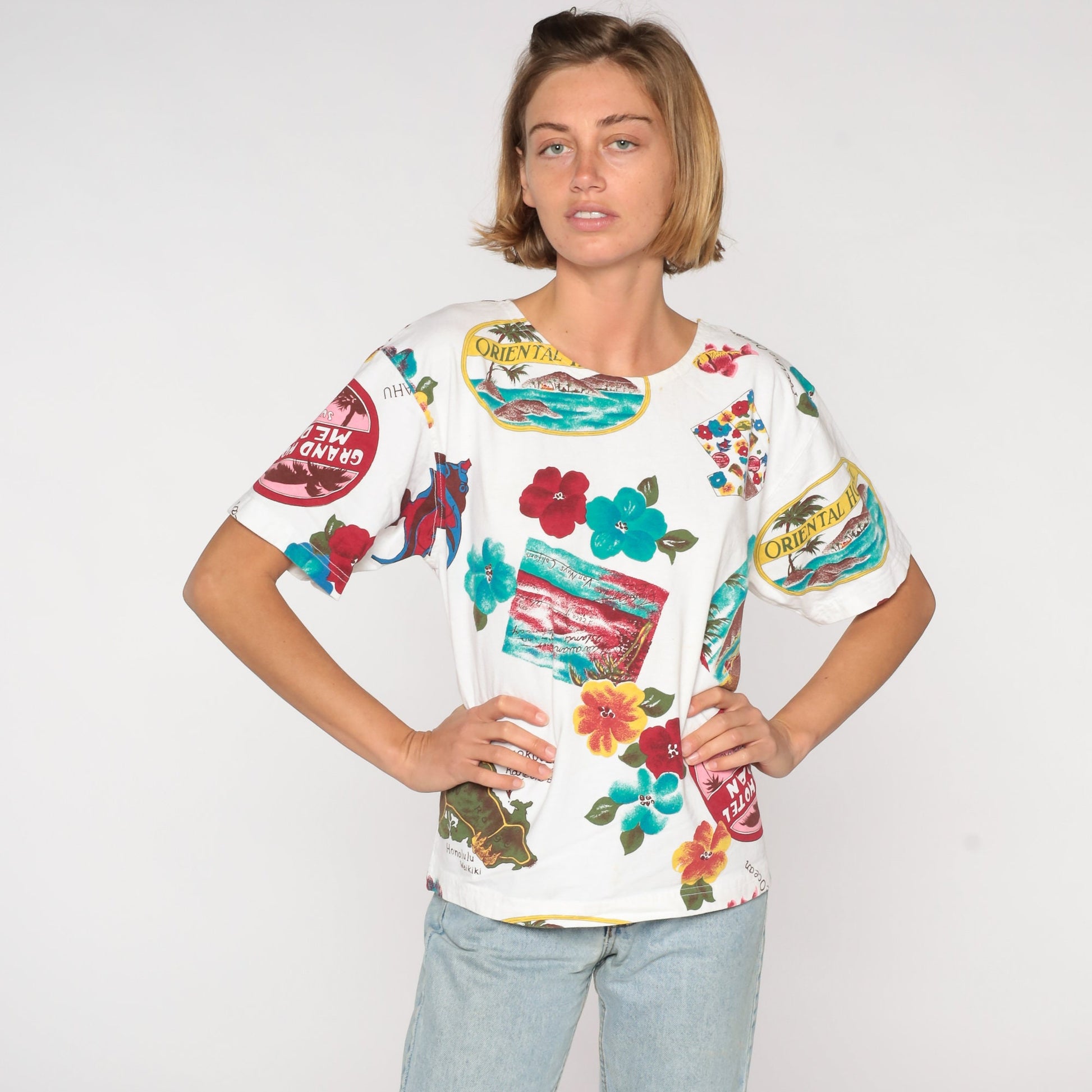 90s Hawaii Map Floral Graphic T-Shirt Mokuoloe Island Cotton Medium
