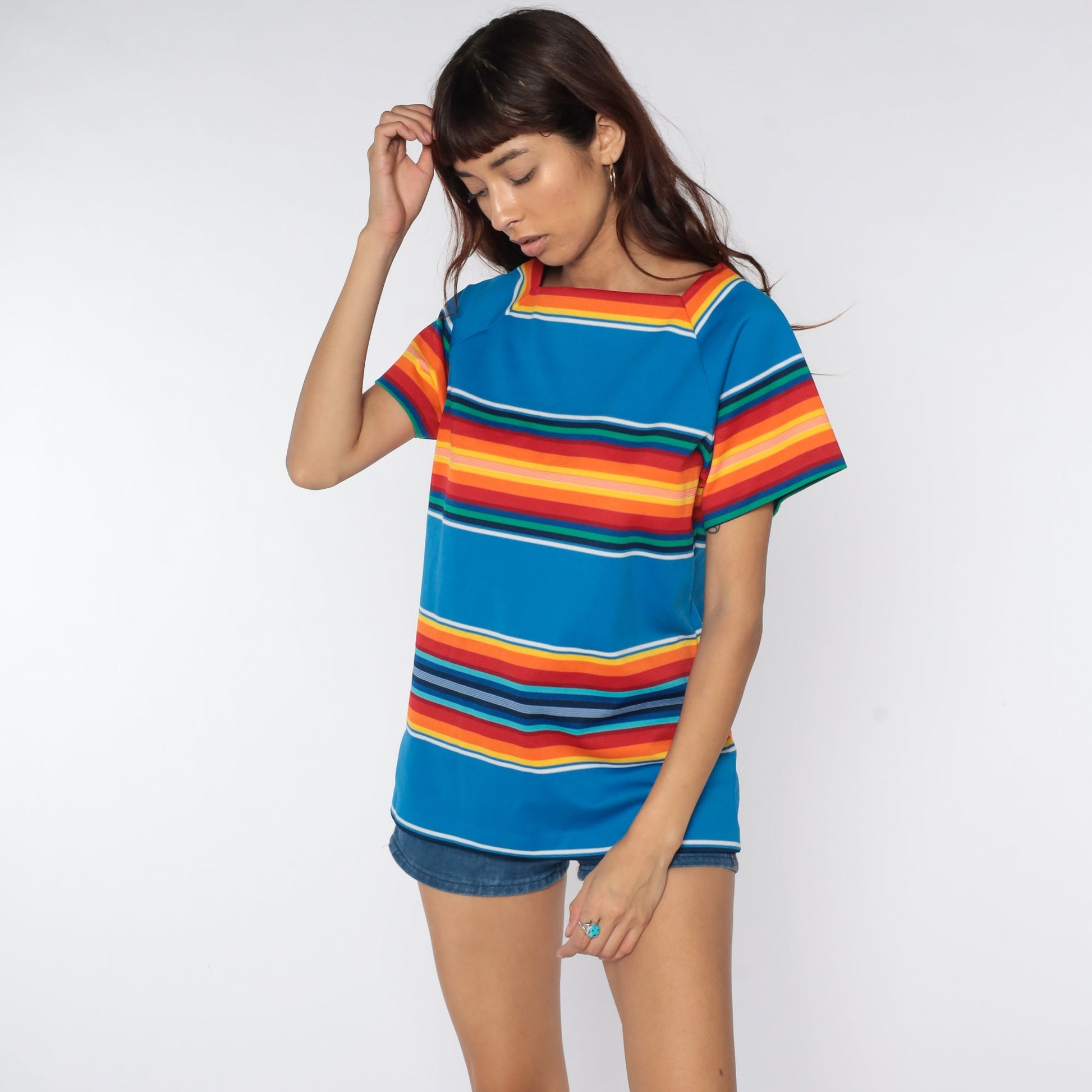 70s Rainbow Striped Raglan Blouse Polyester Knit Top Medium Large