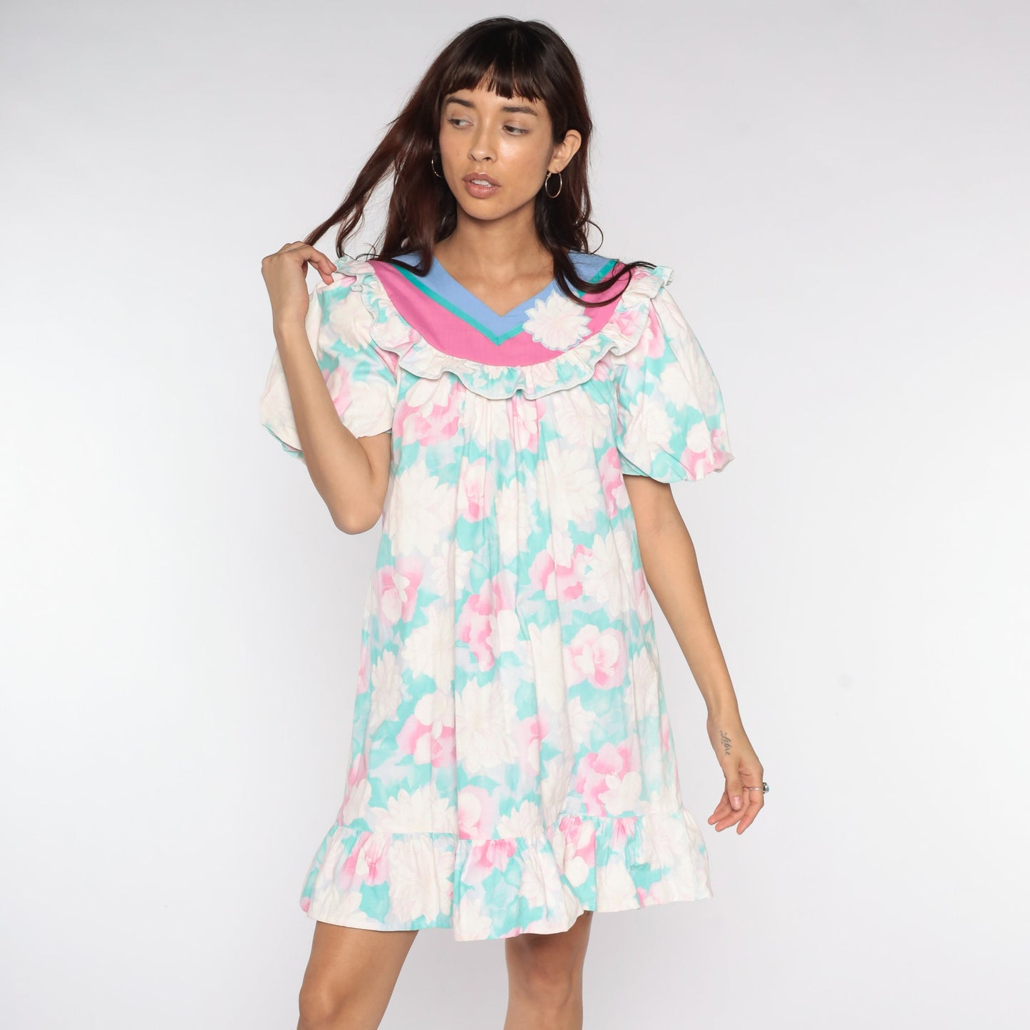 80s Floral Mini Dress Puff Sleeve Tent Cut White Pink Green Medium
