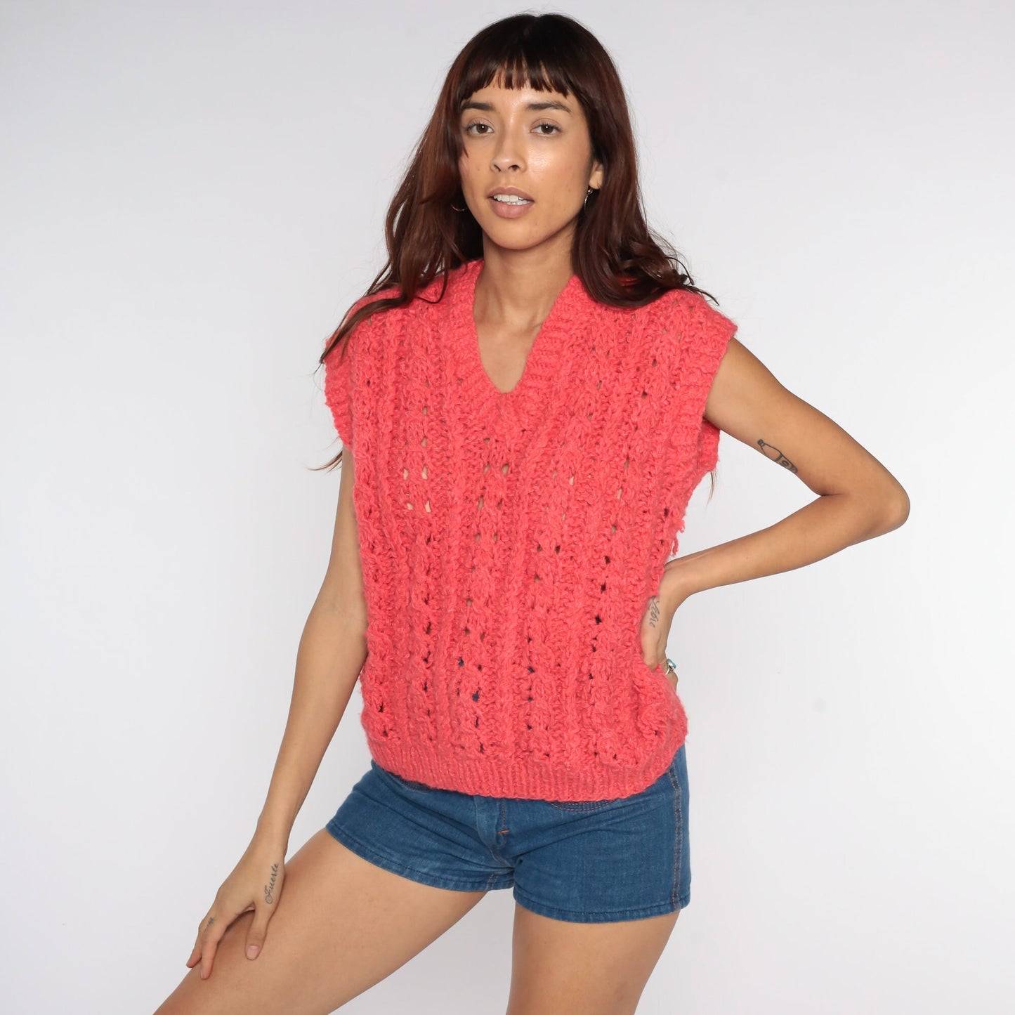 80s Pink Sheer Knit Vest Cap Sleeve V-Neck Sweater Top Large L